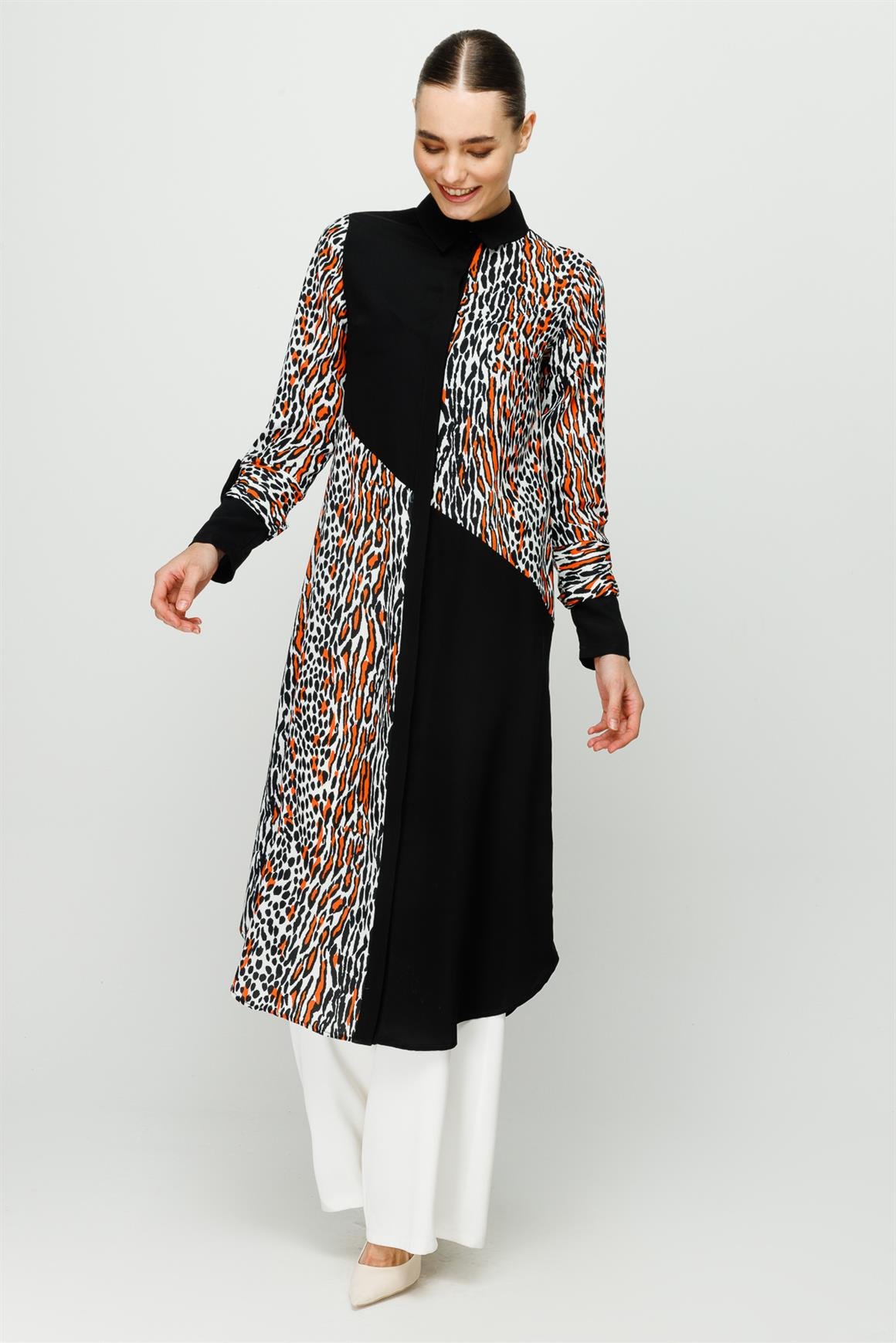 Leopar Baskılı Uzun Kurtarıcı Tunik  Oranj