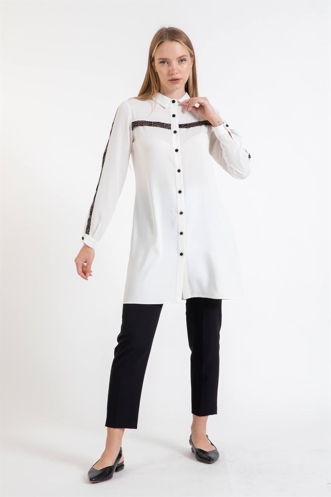Leopar Desen Garnili Tunik  Ekru