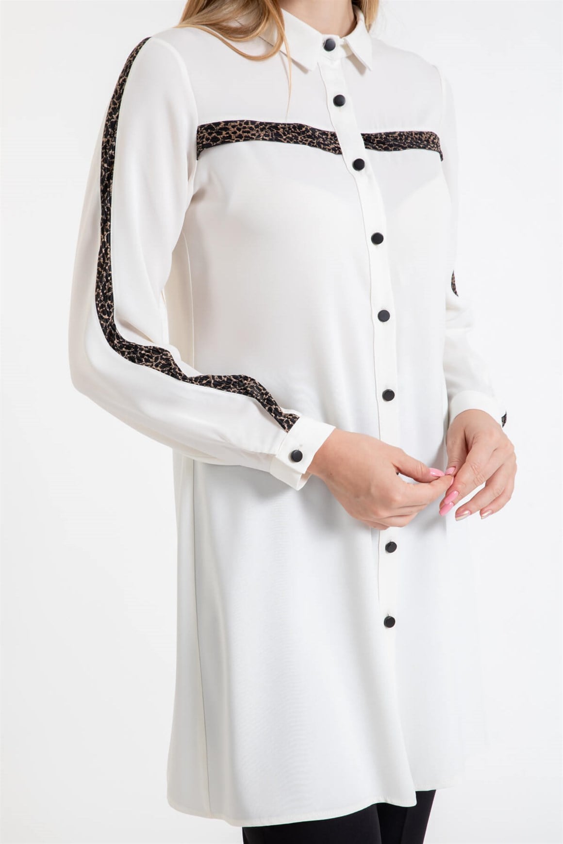 Leopar Desen Garnili Tunik  Ekru