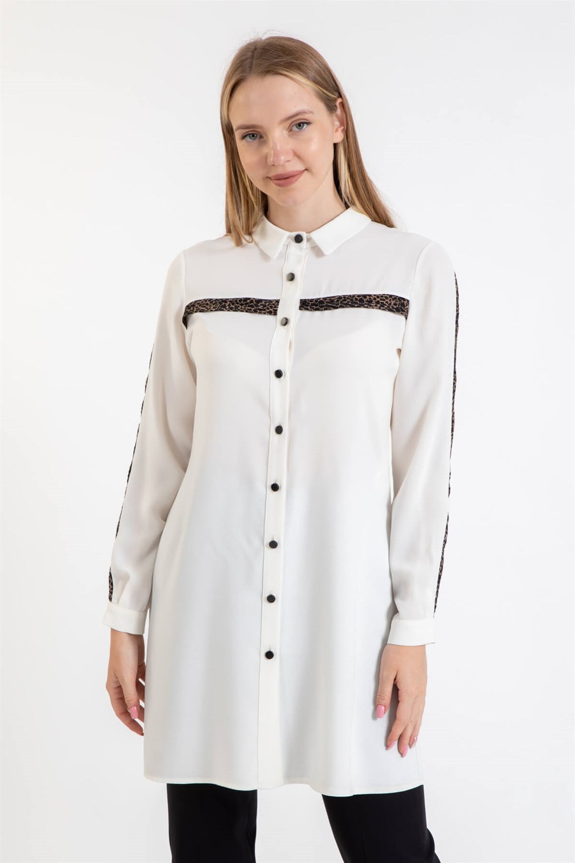 Leopar Desen Garnili Tunik  Ekru