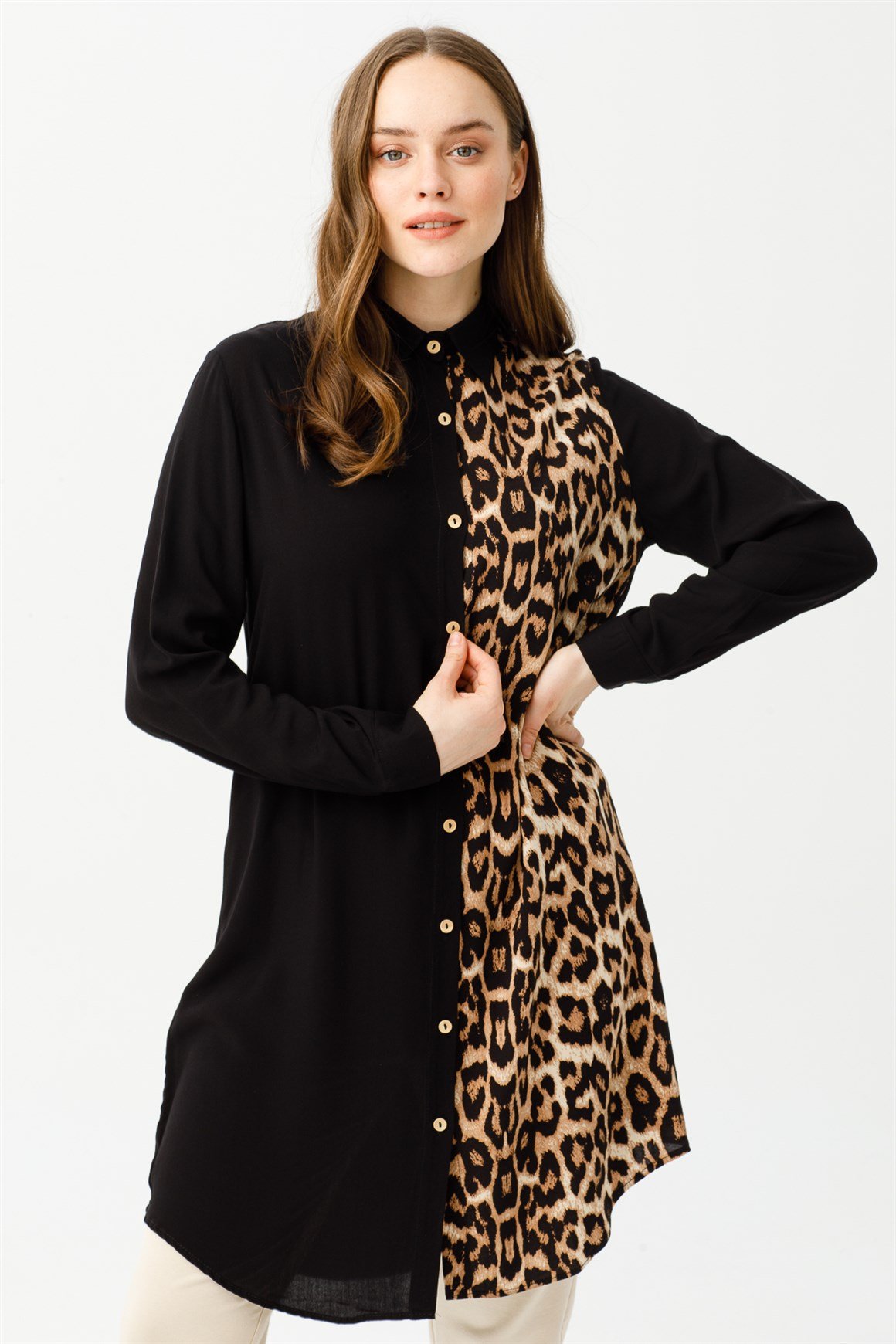 Leopar Desen Kombinli Tunik  Kahve