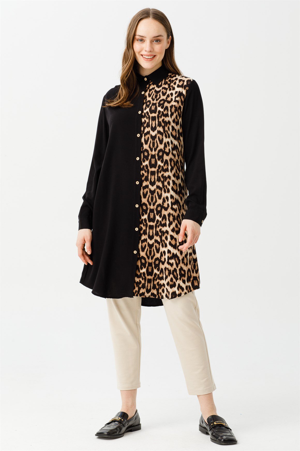 Leopar Desen Kombinli Tunik  Kahve