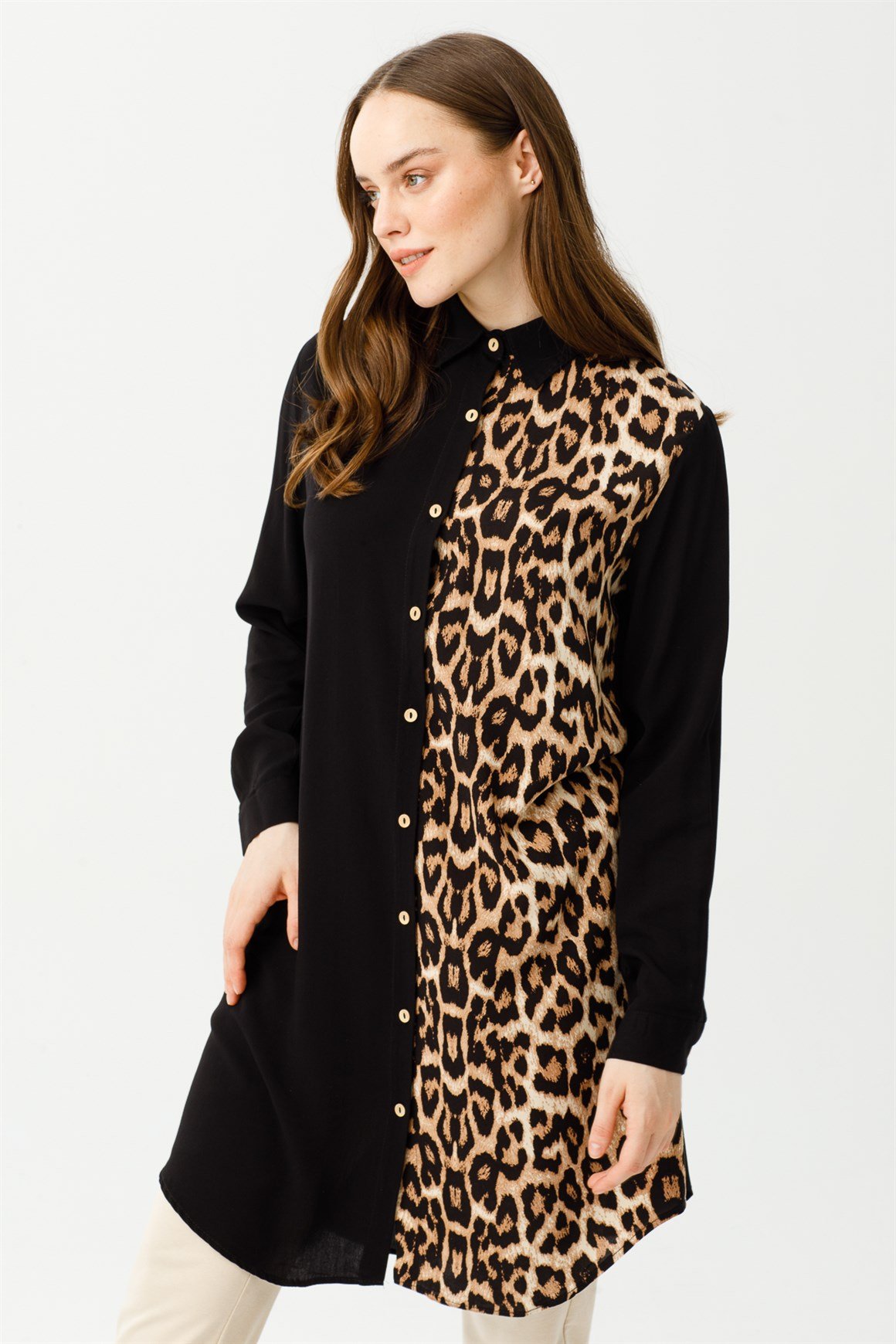 Leopar Desen Kombinli Tunik  Kahve