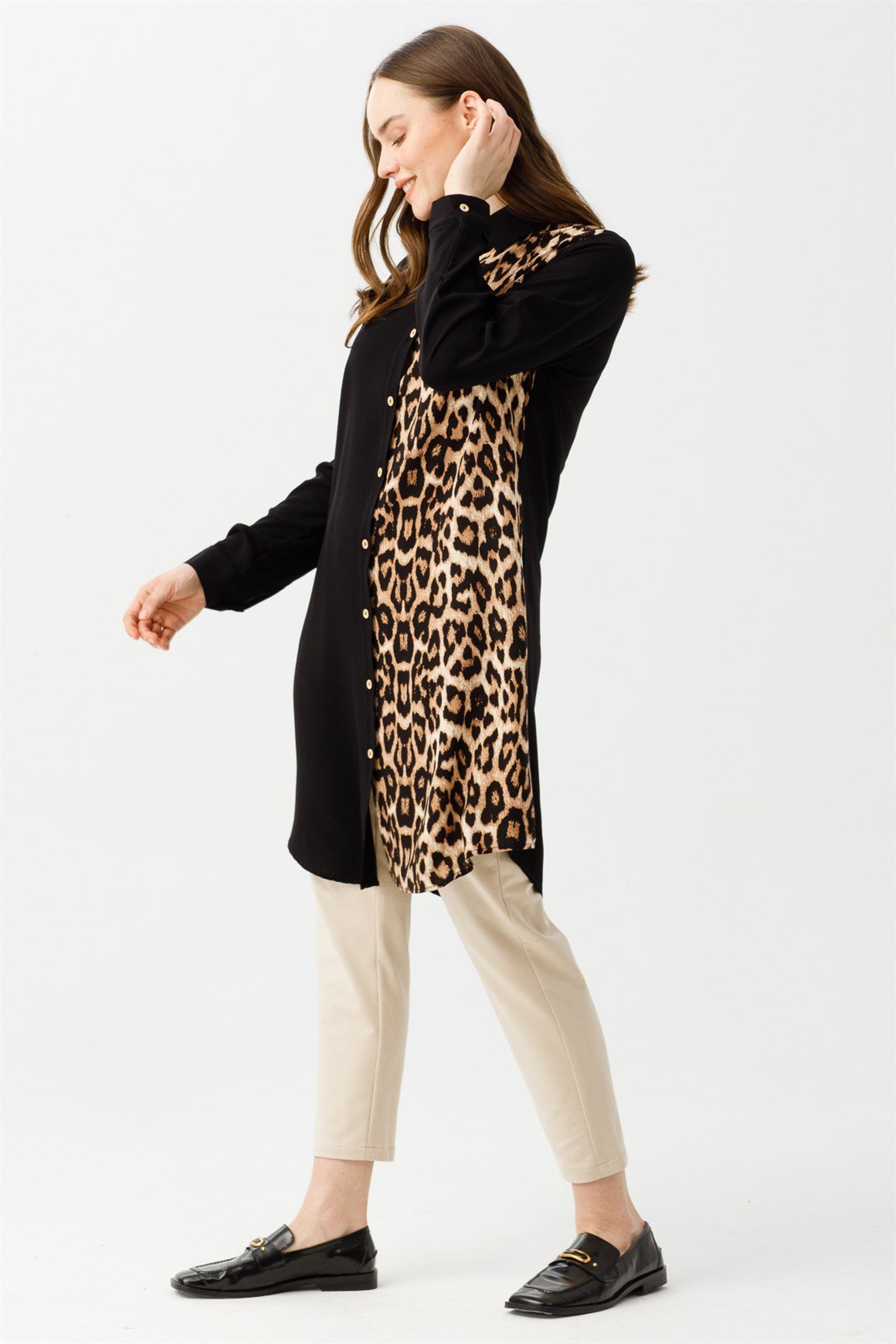 Leopar Desen Kombinli Tunik  Kahve