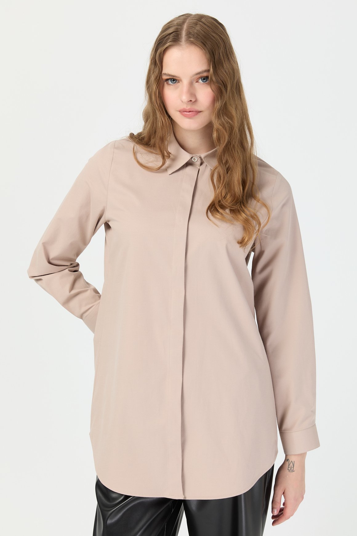 Milano Saten Arka Pileli Tunik  Vizon