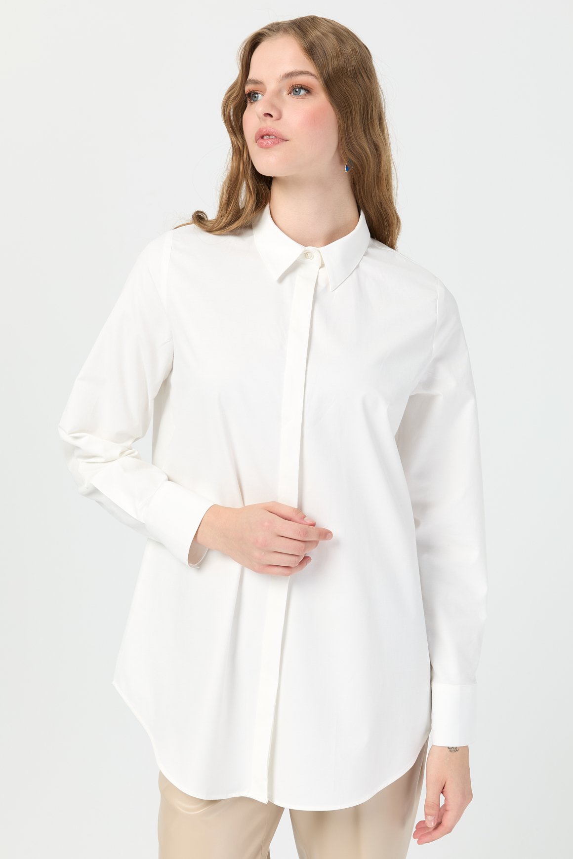 Milano Saten Arka Pileli Tunik  Ekru