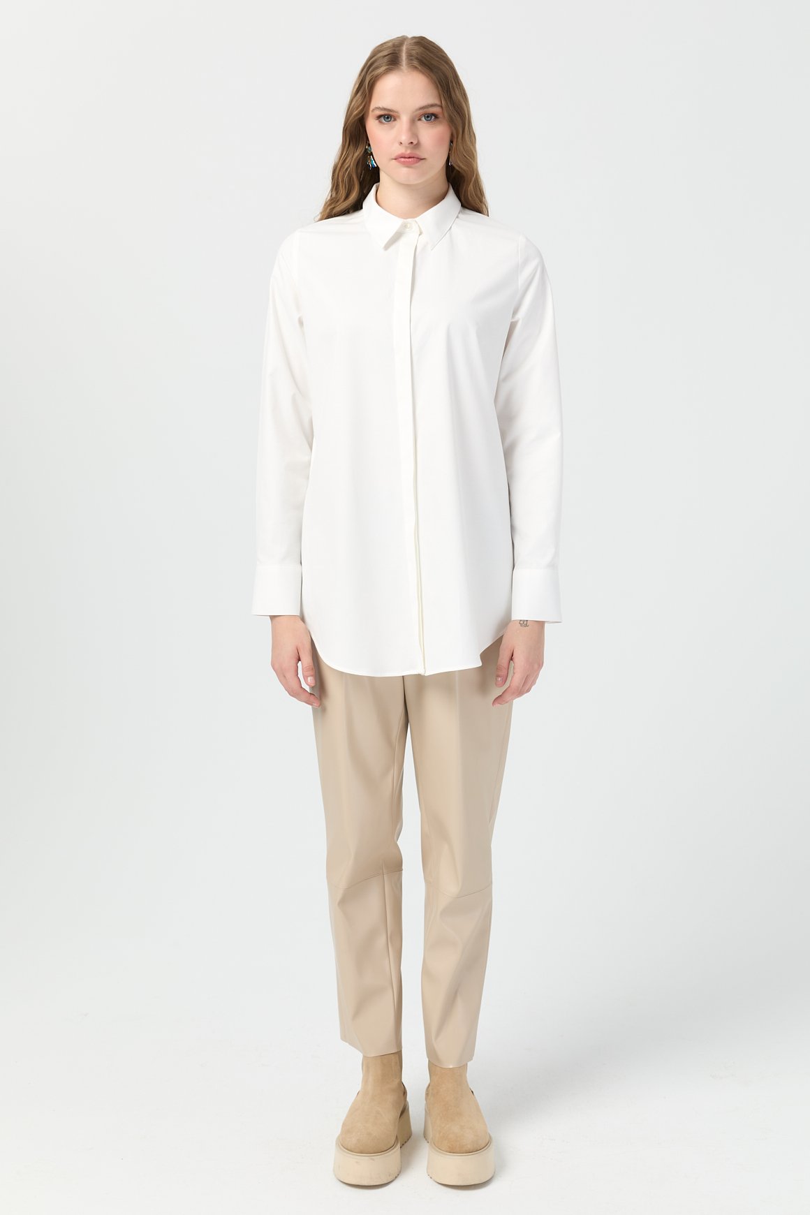 Milano Saten Arka Pileli Tunik  Ekru