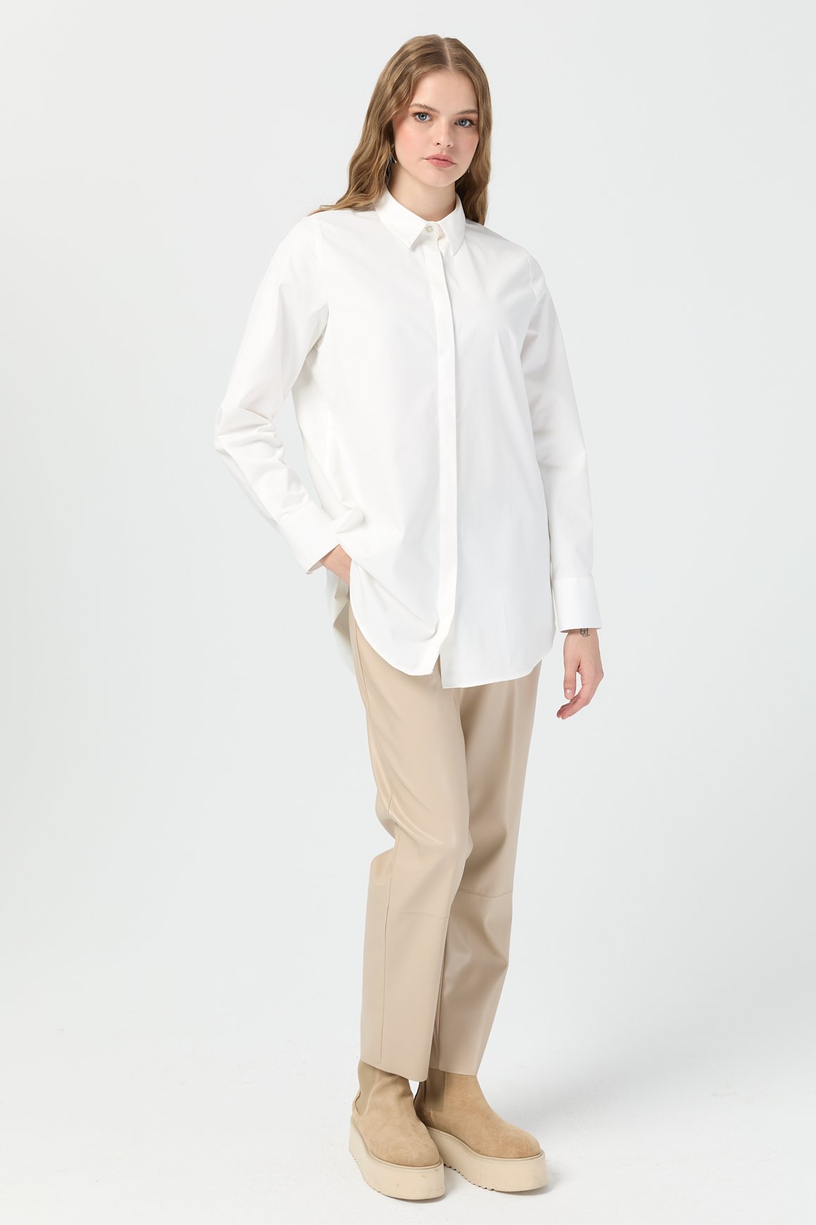 Milano Saten Arka Pileli Tunik  Ekru