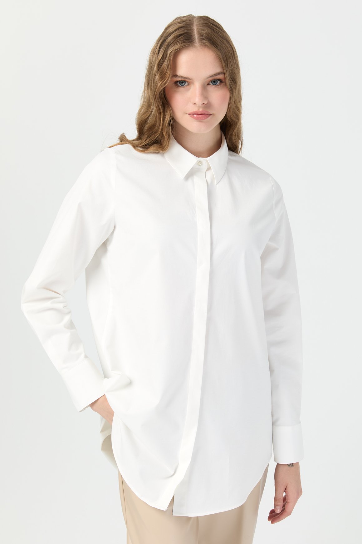 Milano Saten Arka Pileli Tunik  Ekru