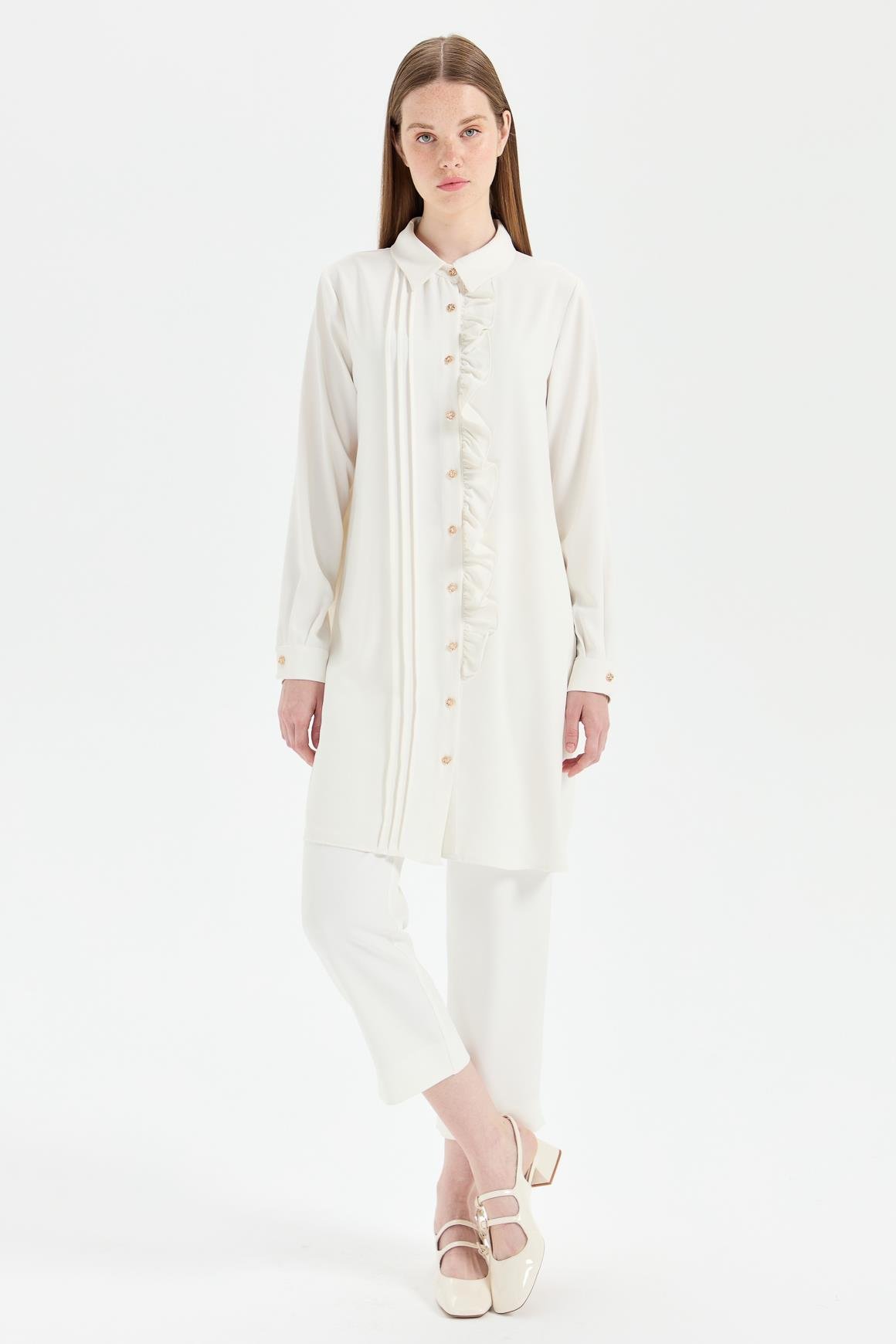 Önü Fırfır Detaylı Tunik  Ekru