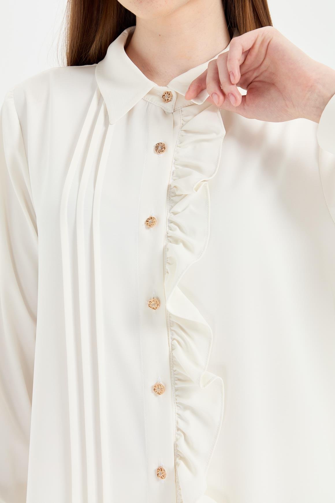 Önü Fırfır Detaylı Tunik  Ekru