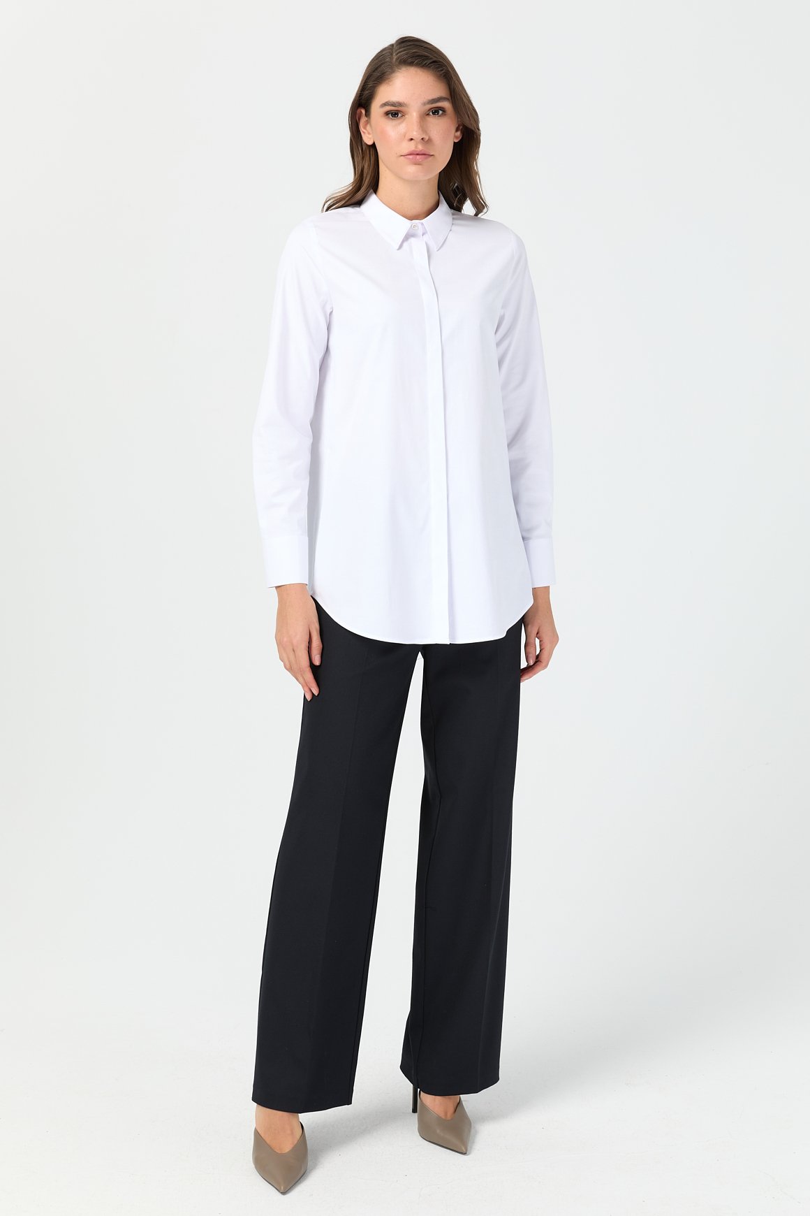 Oxford Dokulu Arkası Pileli Tunik  Beyaz