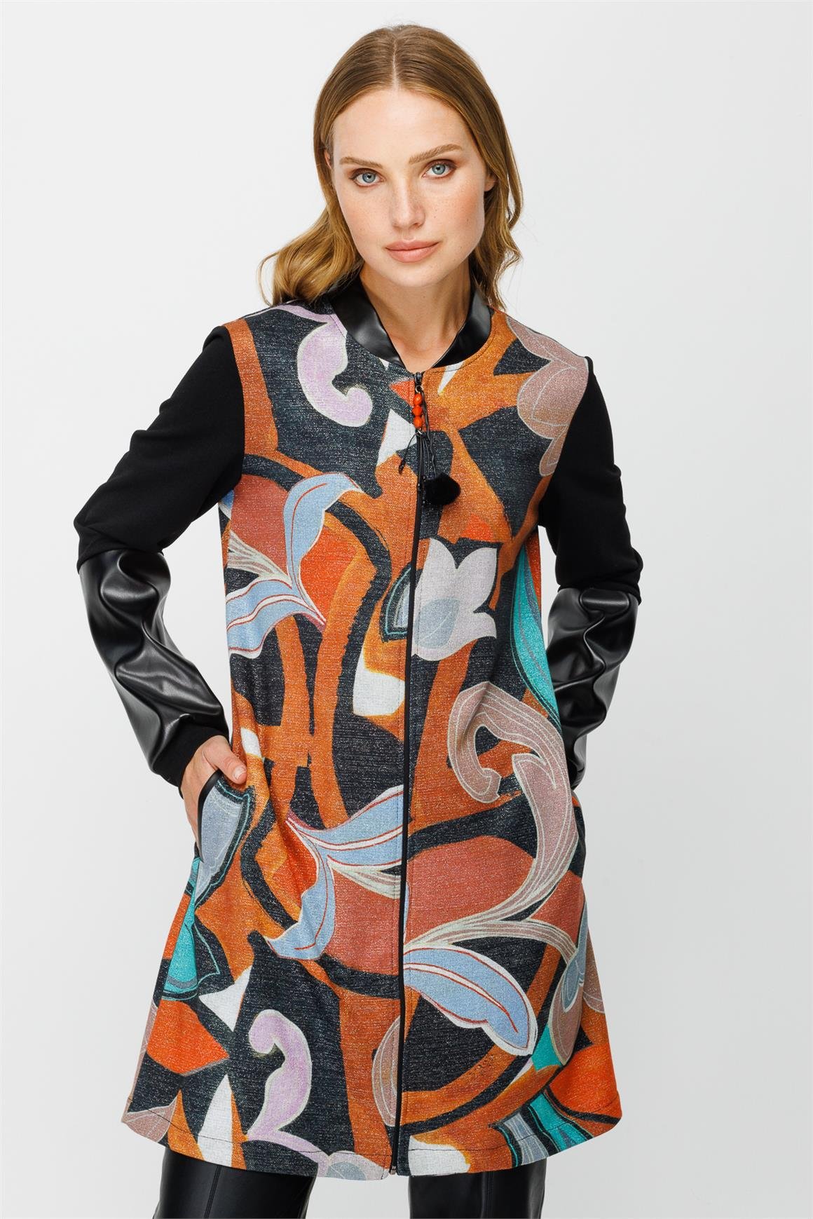 Özel Baskılı Fermuar Kapamalı Giy Çık Tunik  Siyah