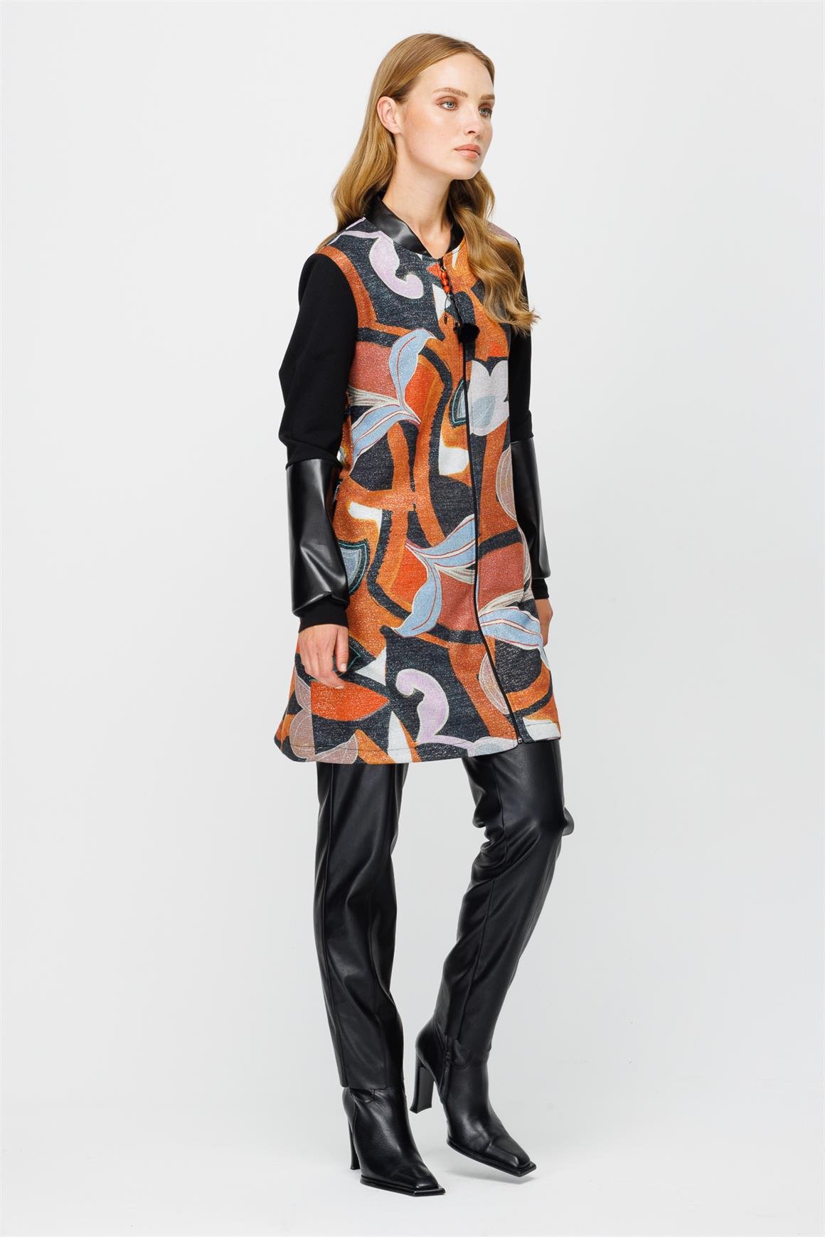 Özel Baskılı Fermuar Kapamalı Giy Çık Tunik  Siyah