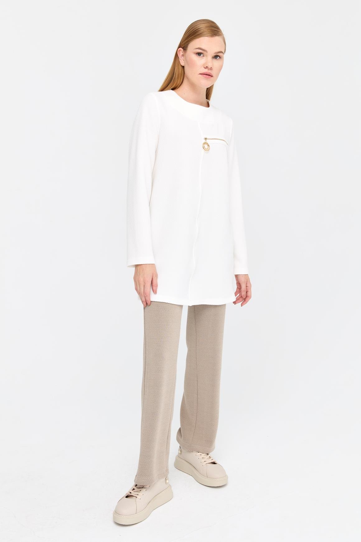 Pike Dokulu Fermuar Detaylı Tunik  Ekru