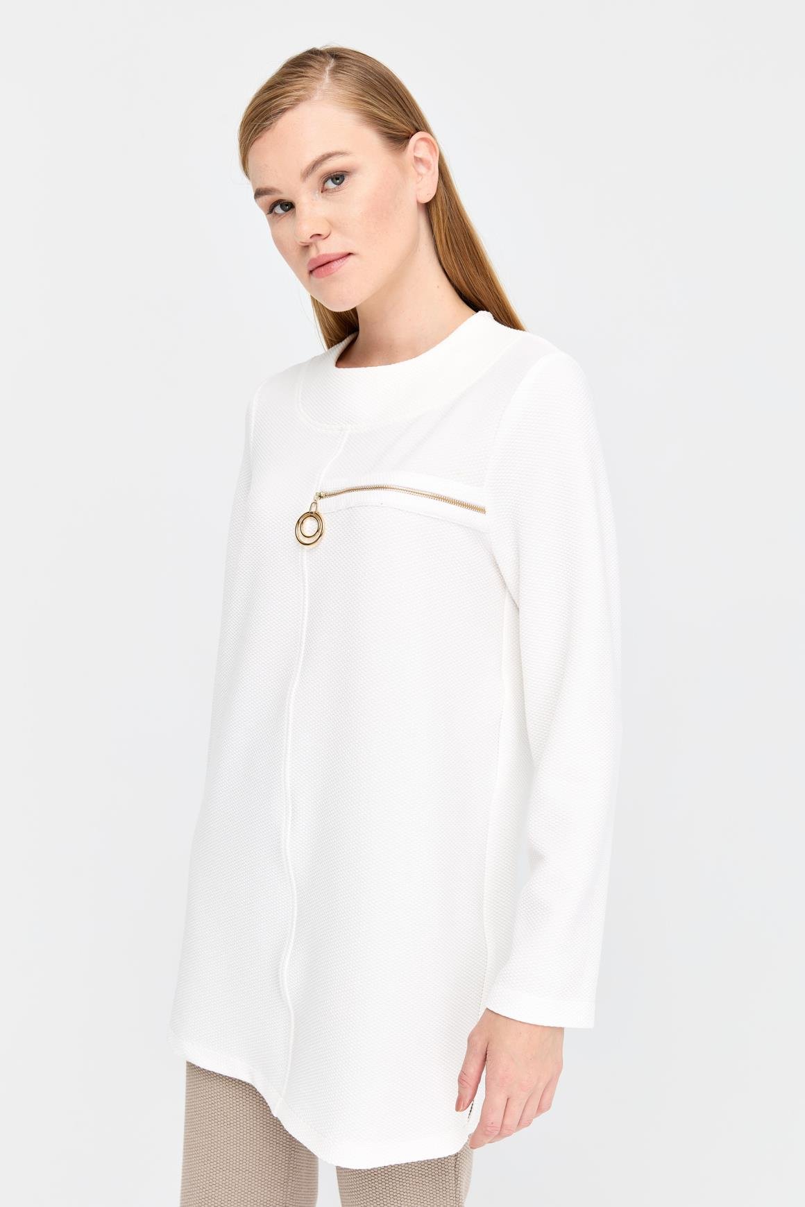 Pike Dokulu Fermuar Detaylı Tunik  Ekru