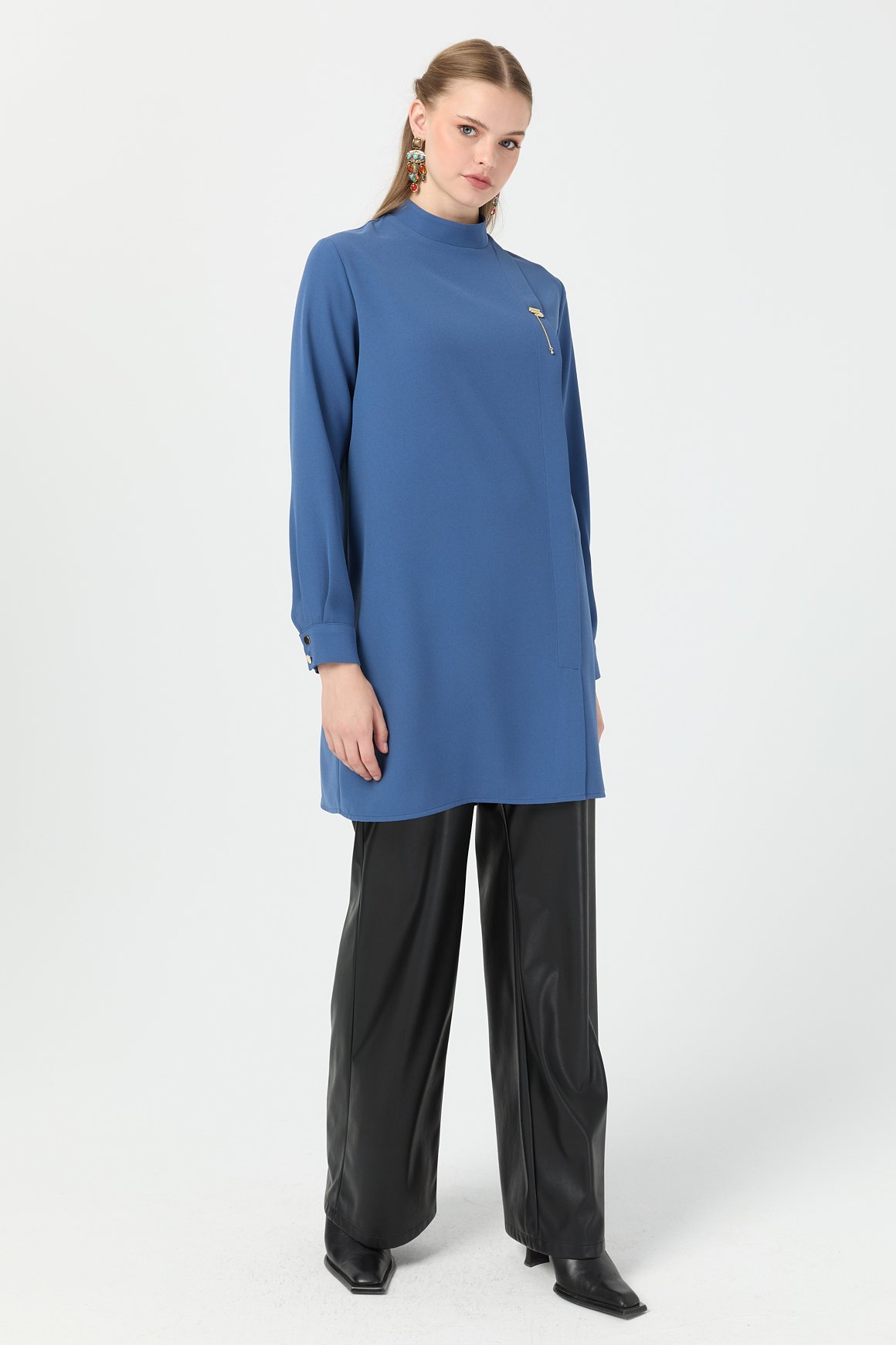 Pili Detaylı Tunik  İndigo