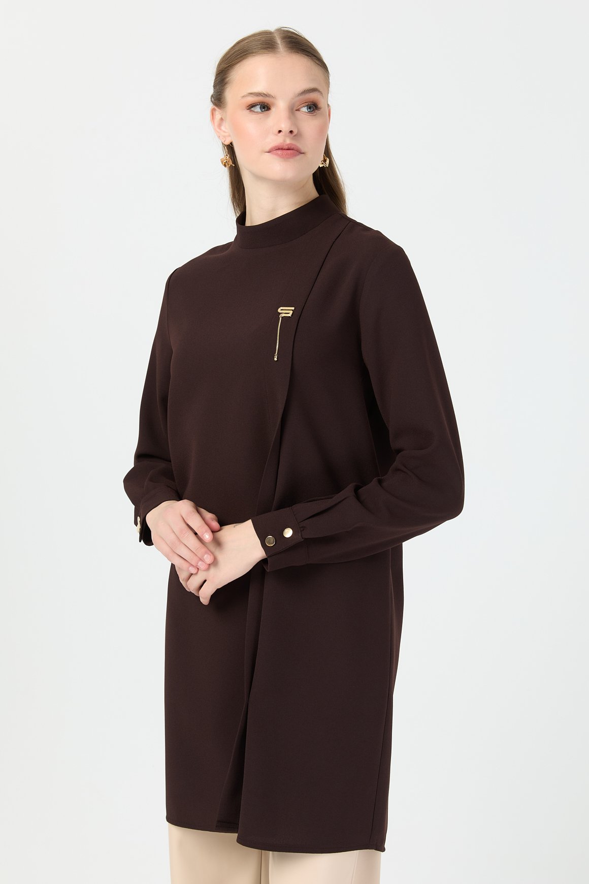 Pili Detaylı Tunik  Kahve