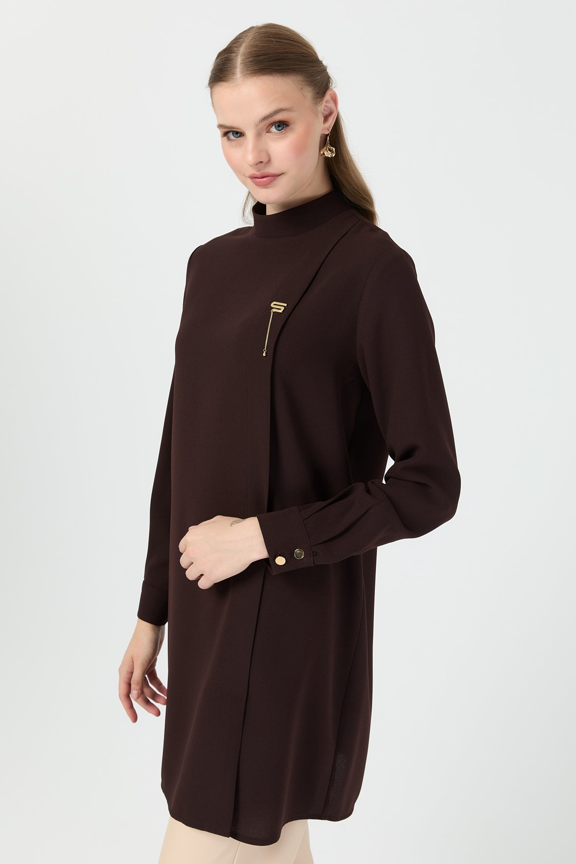 Pili Detaylı Tunik  Kahve