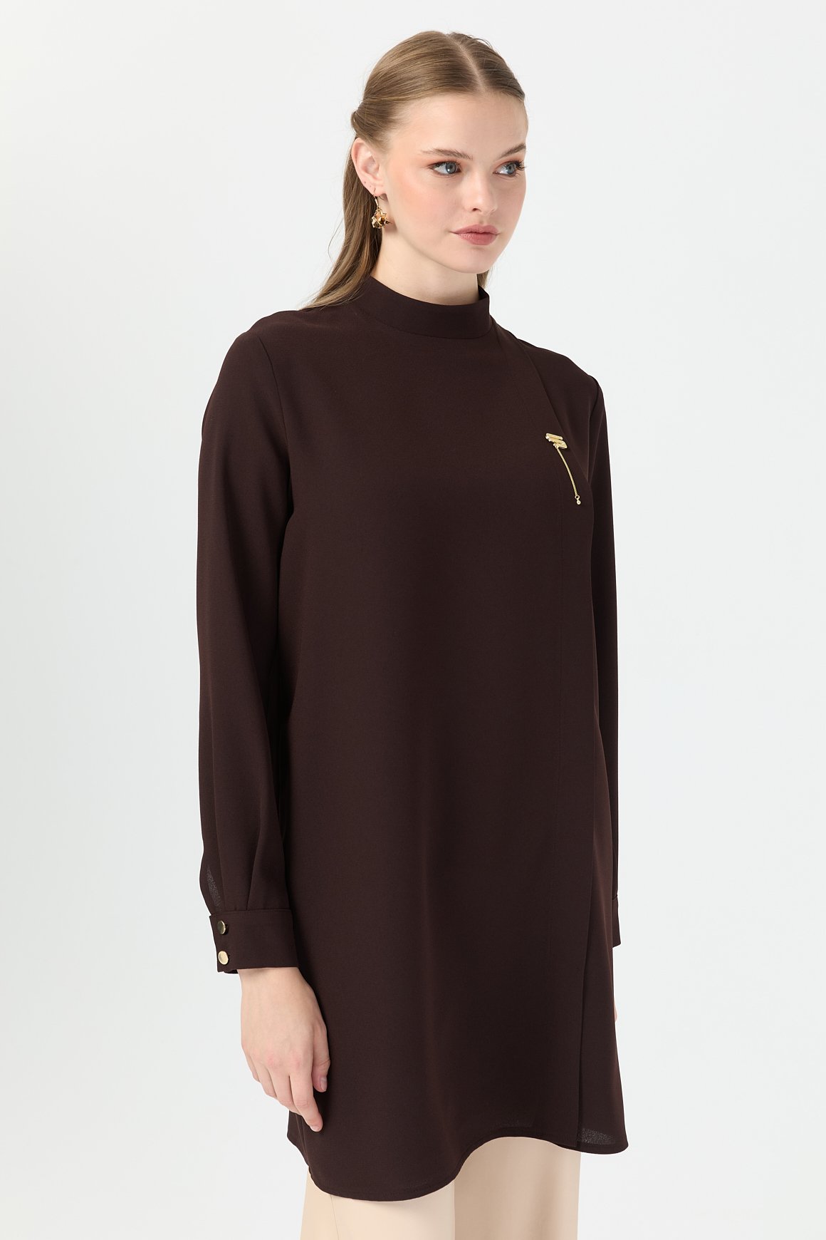 Pili Detaylı Tunik  Kahve