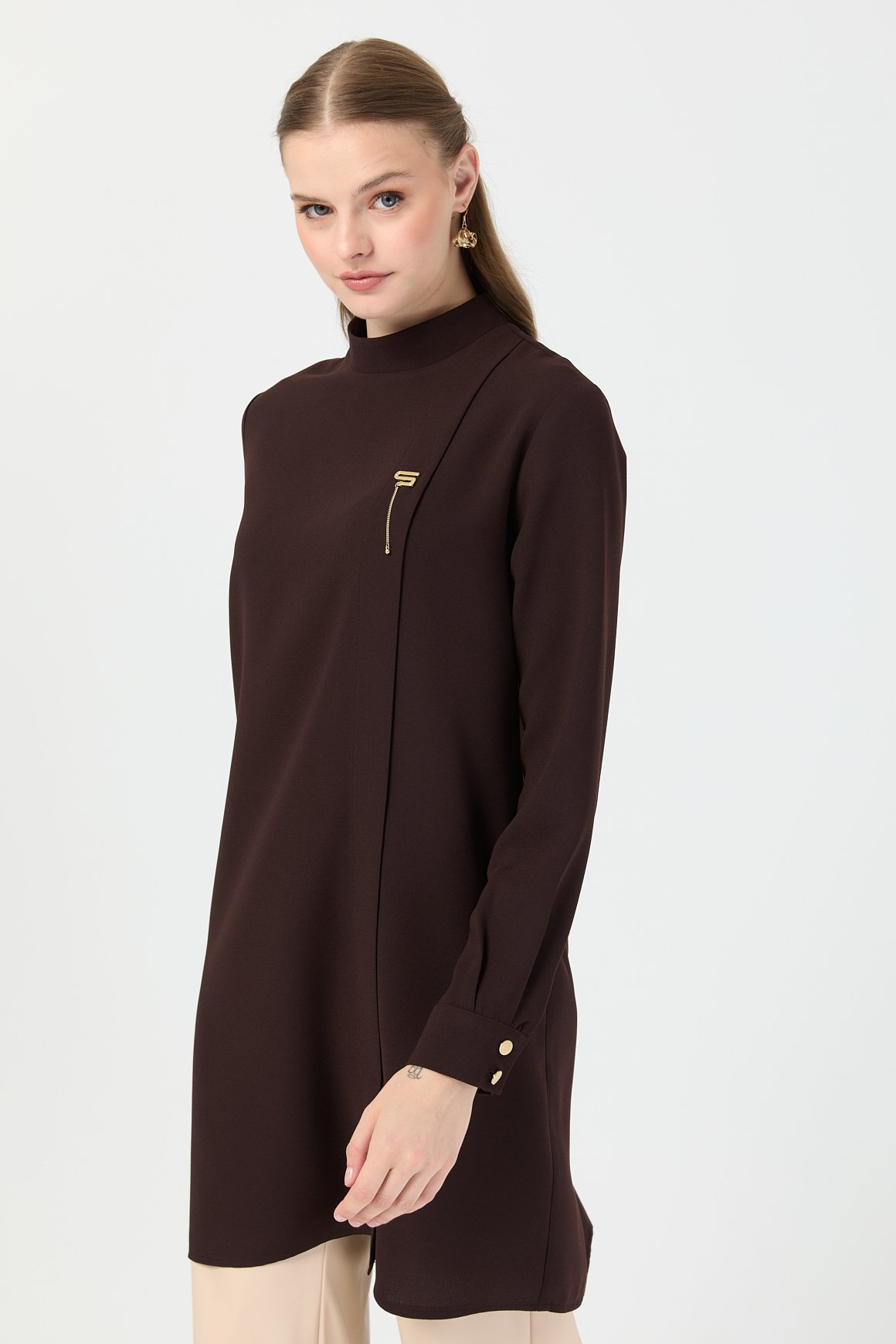 Pili Detaylı Tunik  Kahve