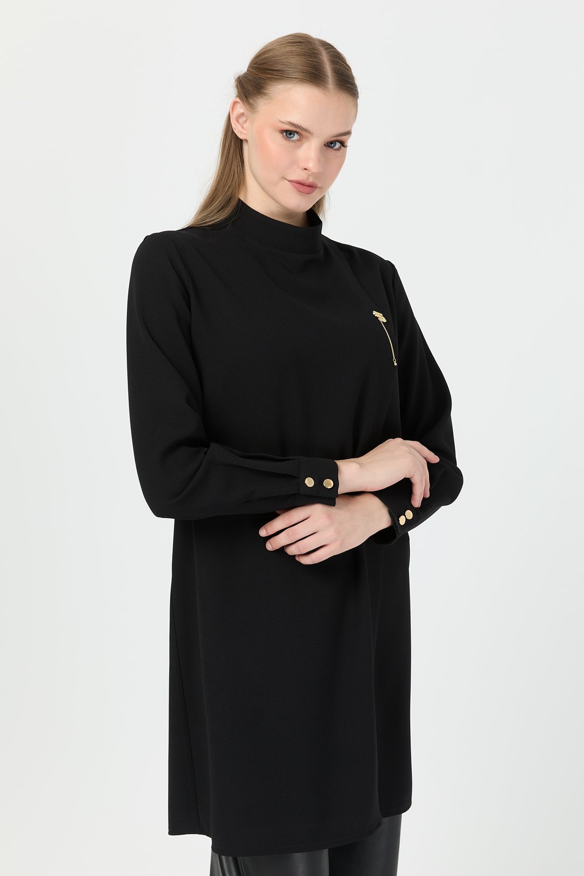 Pili Detaylı Tunik  Siyah
