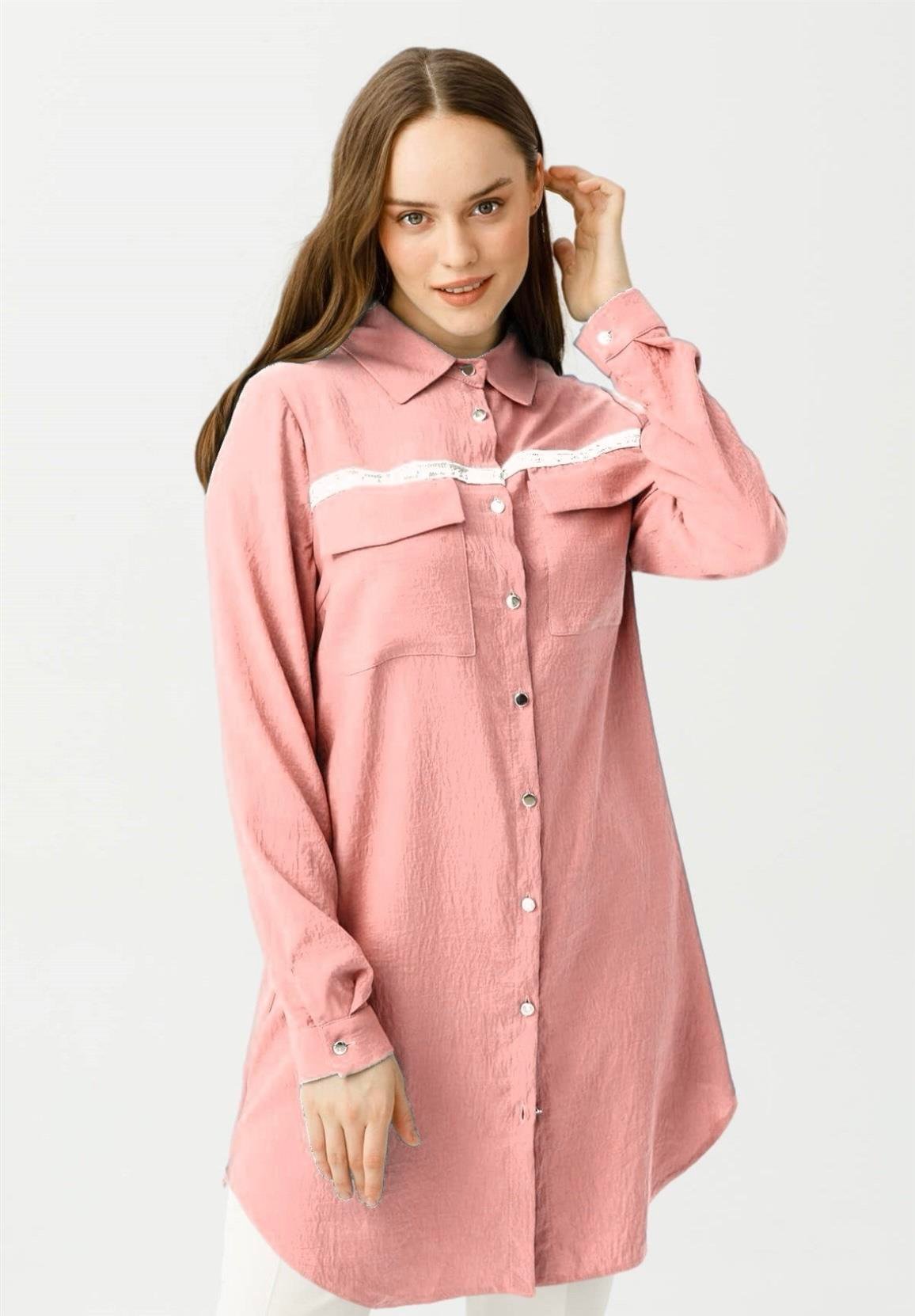 Şerit ve Cep Detaylı Doğal Dokunuş Kumaş Tunik  Pudra