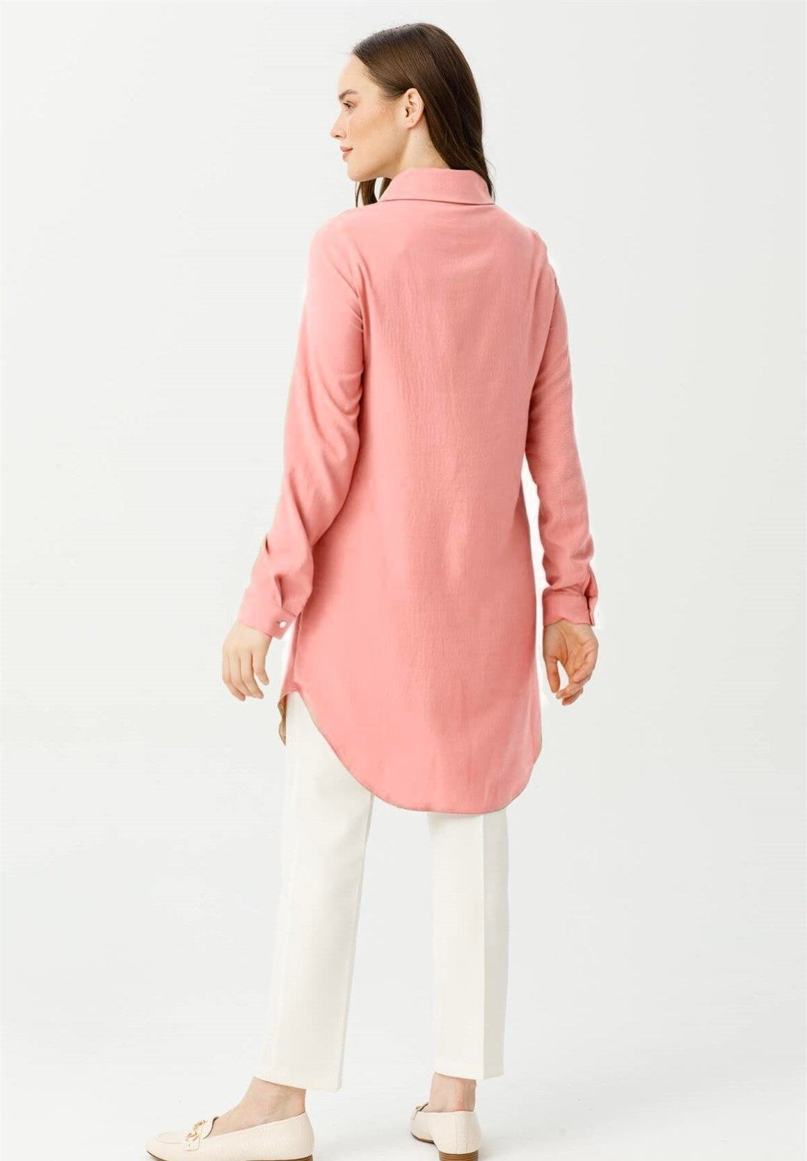 Şerit ve Cep Detaylı Doğal Dokunuş Kumaş Tunik  Pudra