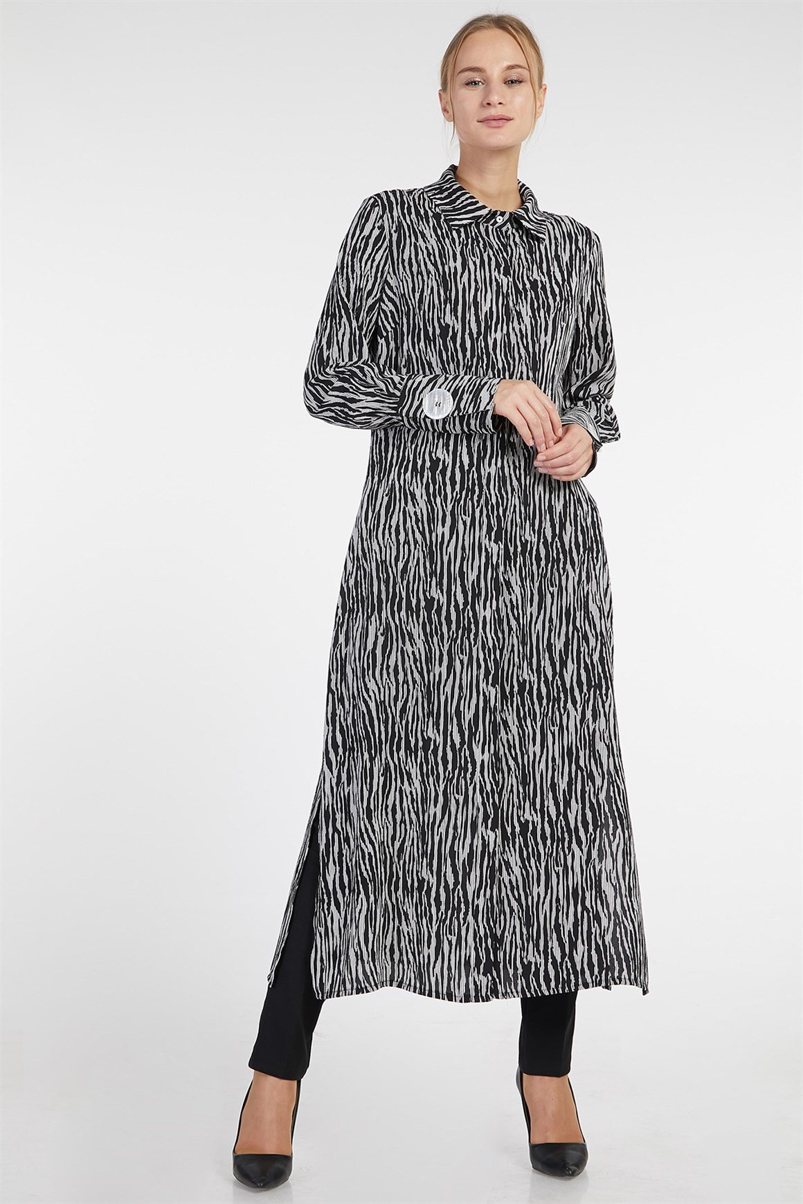 Siyah - Zebra Desenli Gömlek Tunik