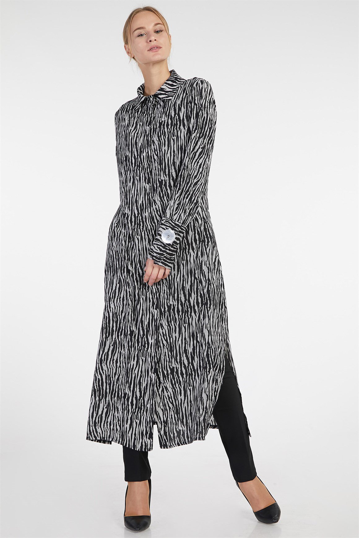 Siyah - Zebra Desenli Gömlek Tunik