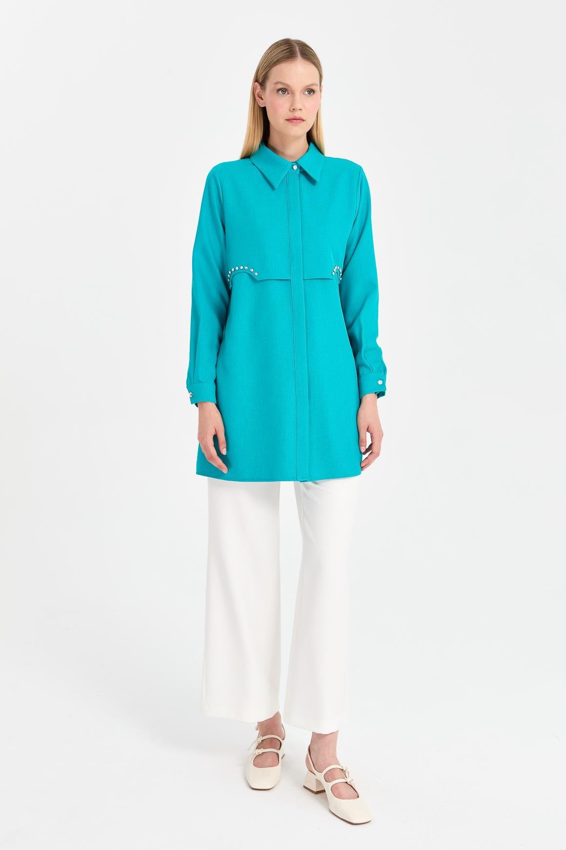 Taş Detaylı Allerli Tunik  Turkuaz