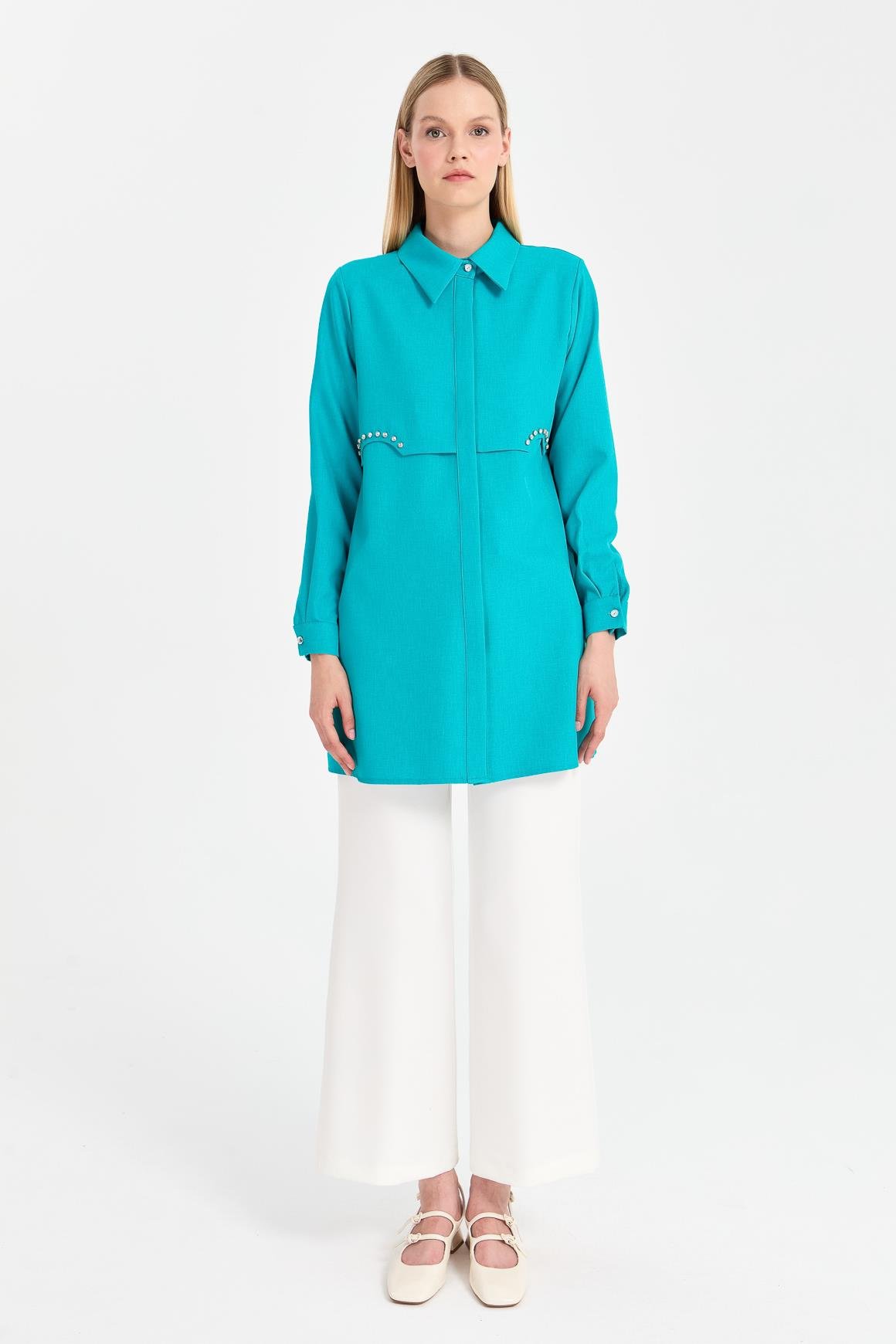 Taş Detaylı Allerli Tunik  Turkuaz