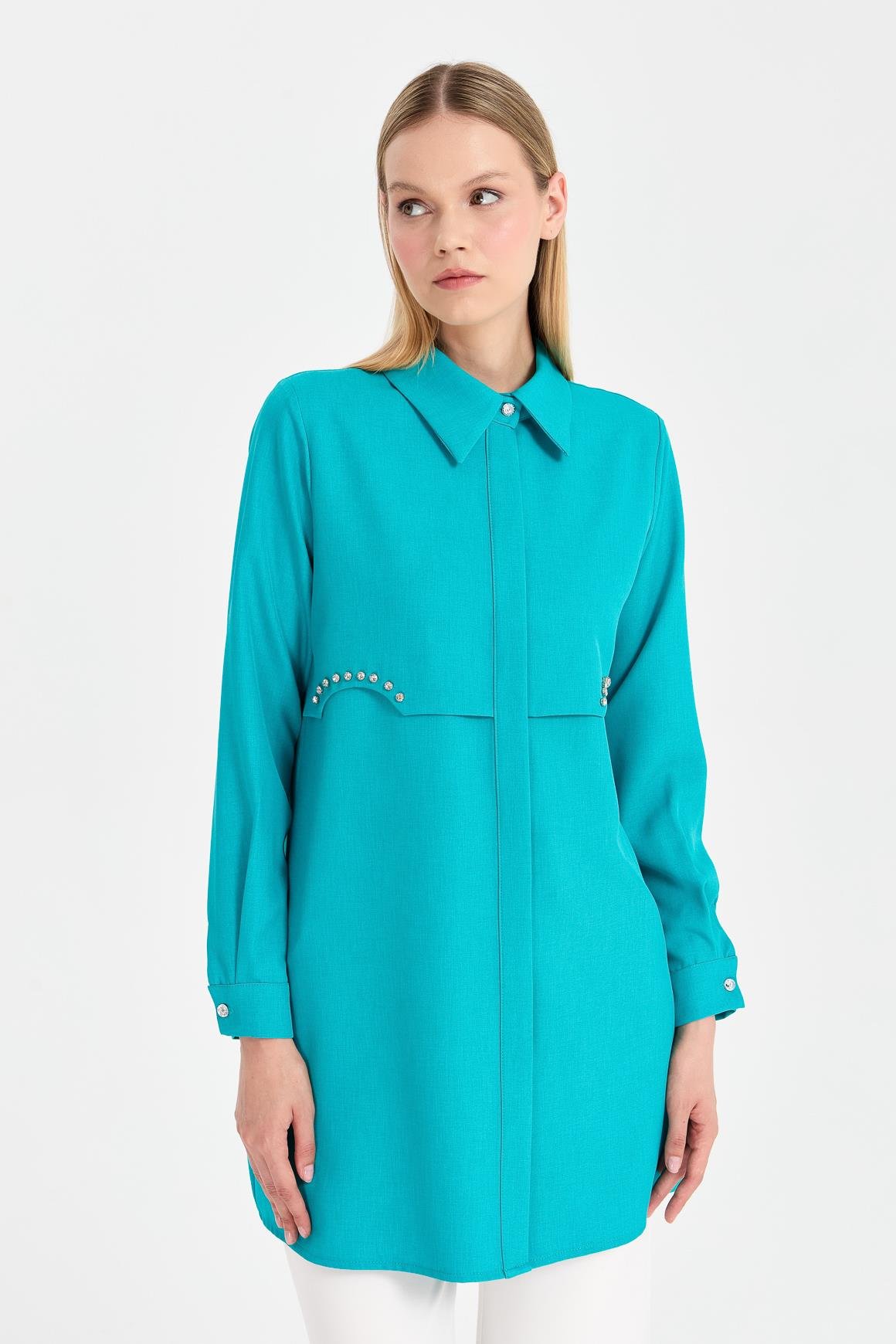 Taş Detaylı Allerli Tunik  Turkuaz