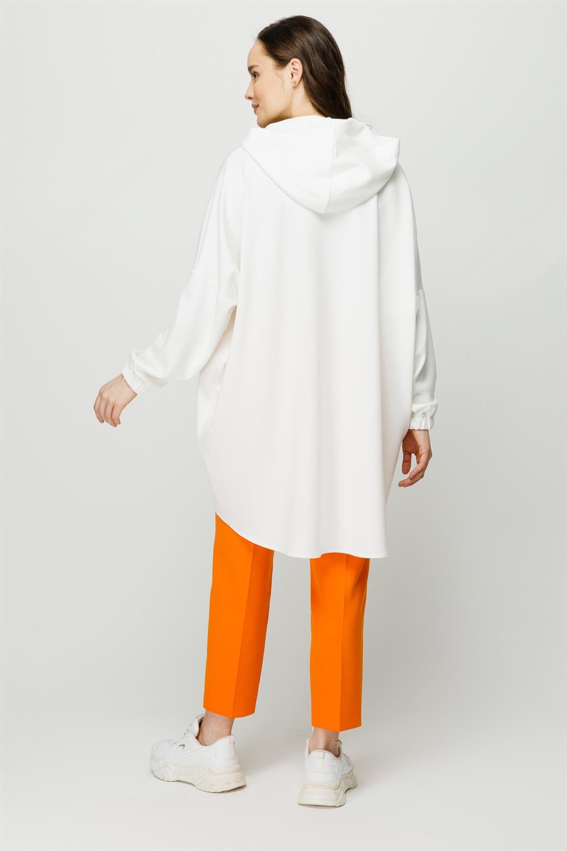 Trend Baskı Detaylı Kapişonlu Oversize Tunik  Ekru