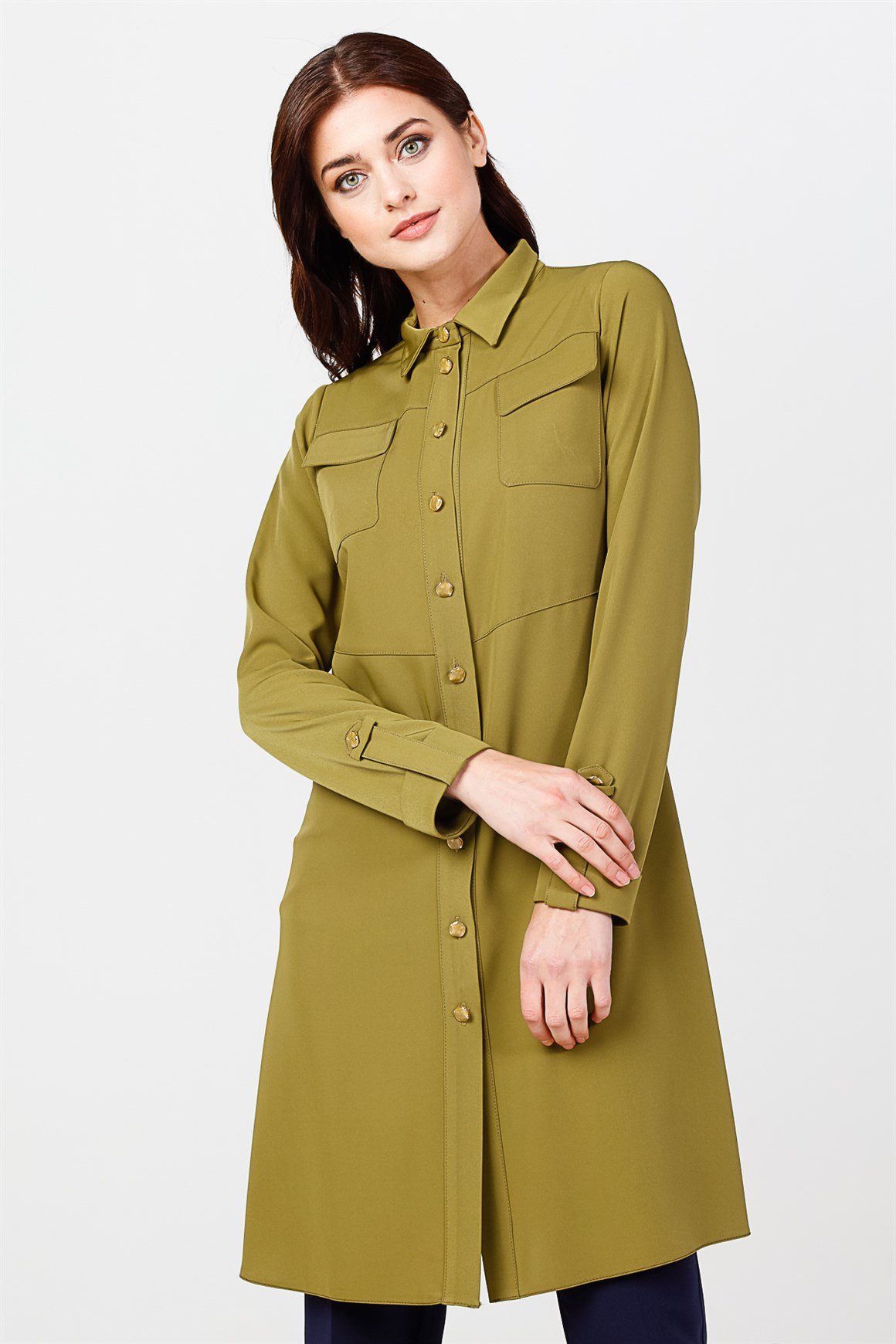 Oil Green - Buttoned Sleeve Detailed Tunic