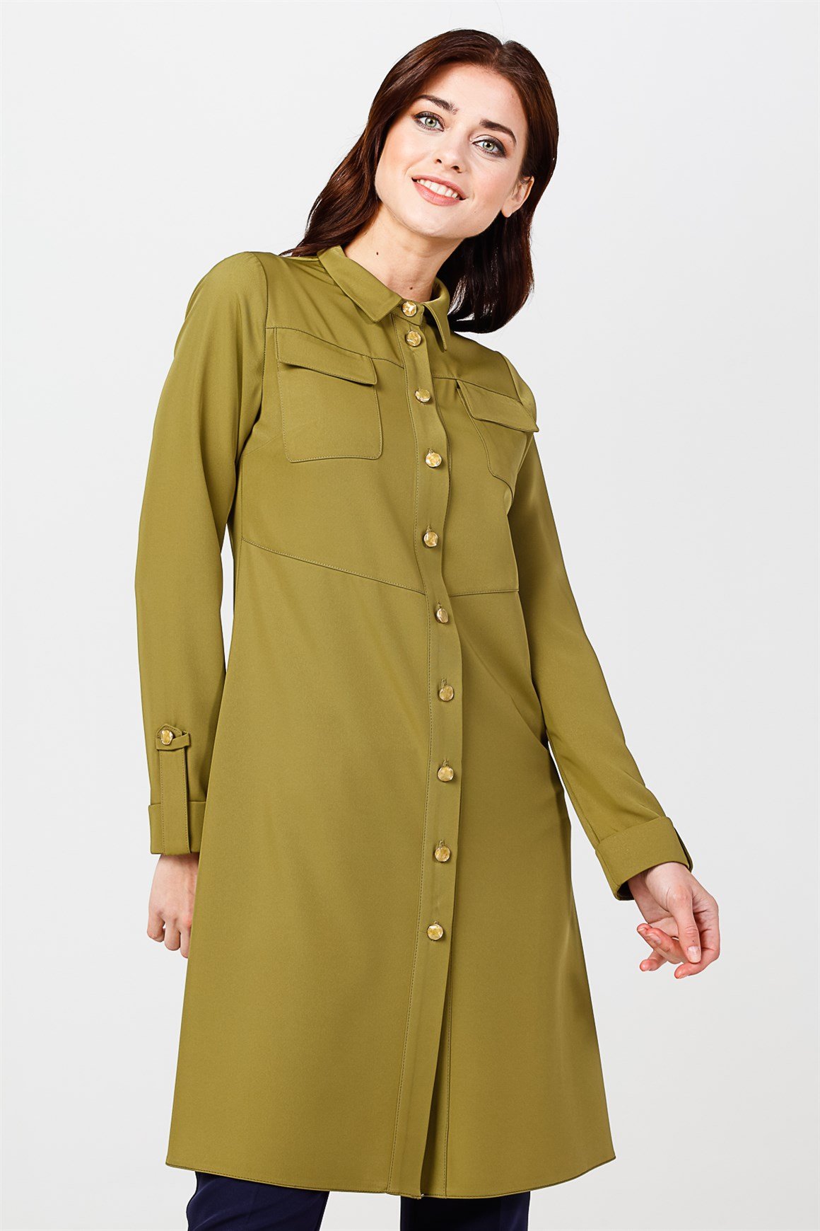 Oil Green - Buttoned Sleeve Detailed Tunic