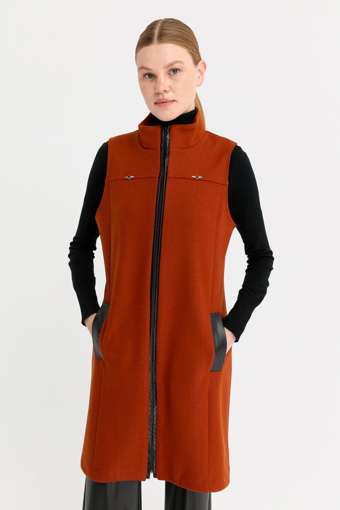 Deri Cep Detaylı Keçe Yelek  Oranj