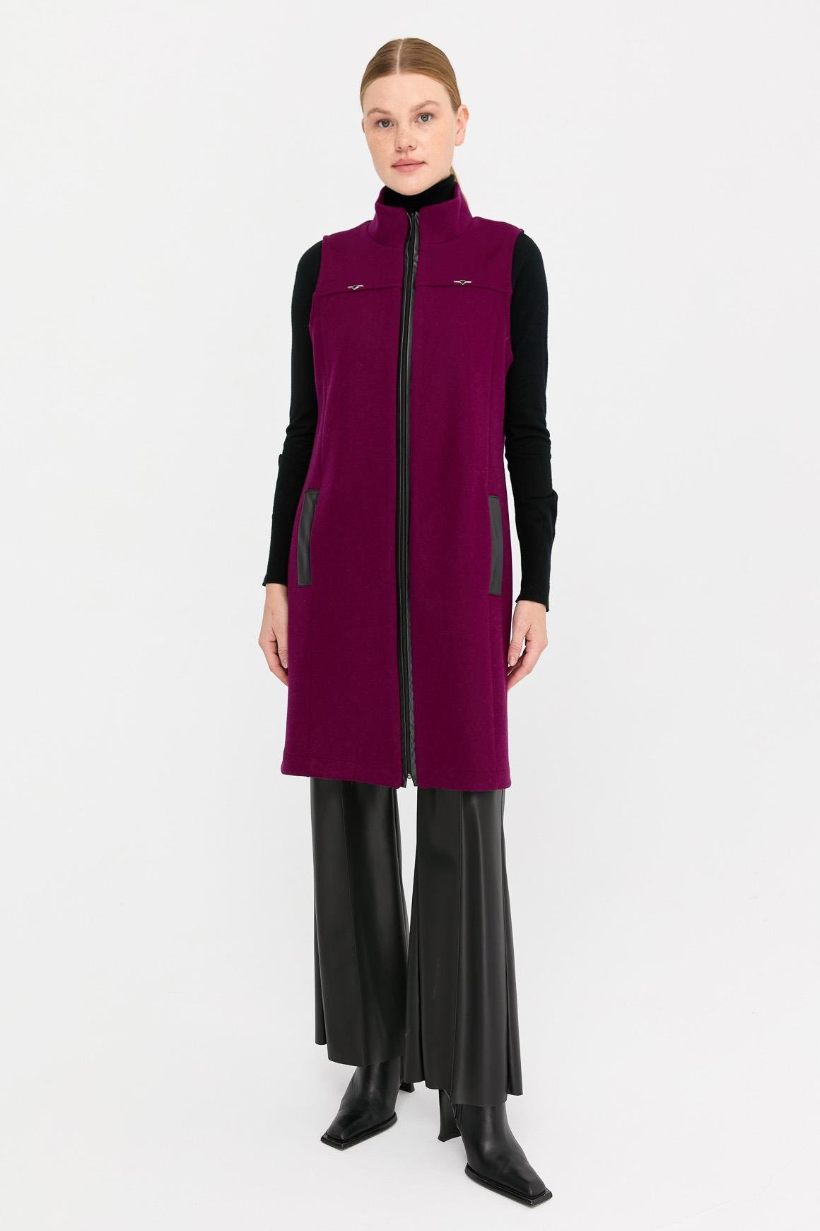 Deri Cep Detaylı Keçe Yelek  Mor