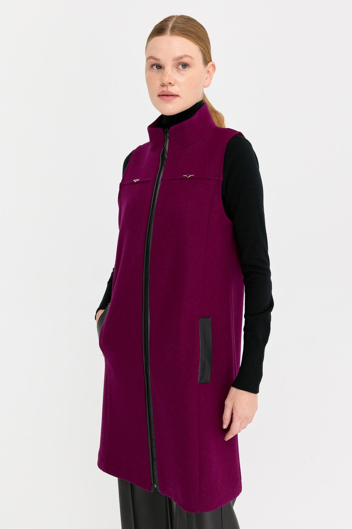 Deri Cep Detaylı Keçe Yelek  Mor