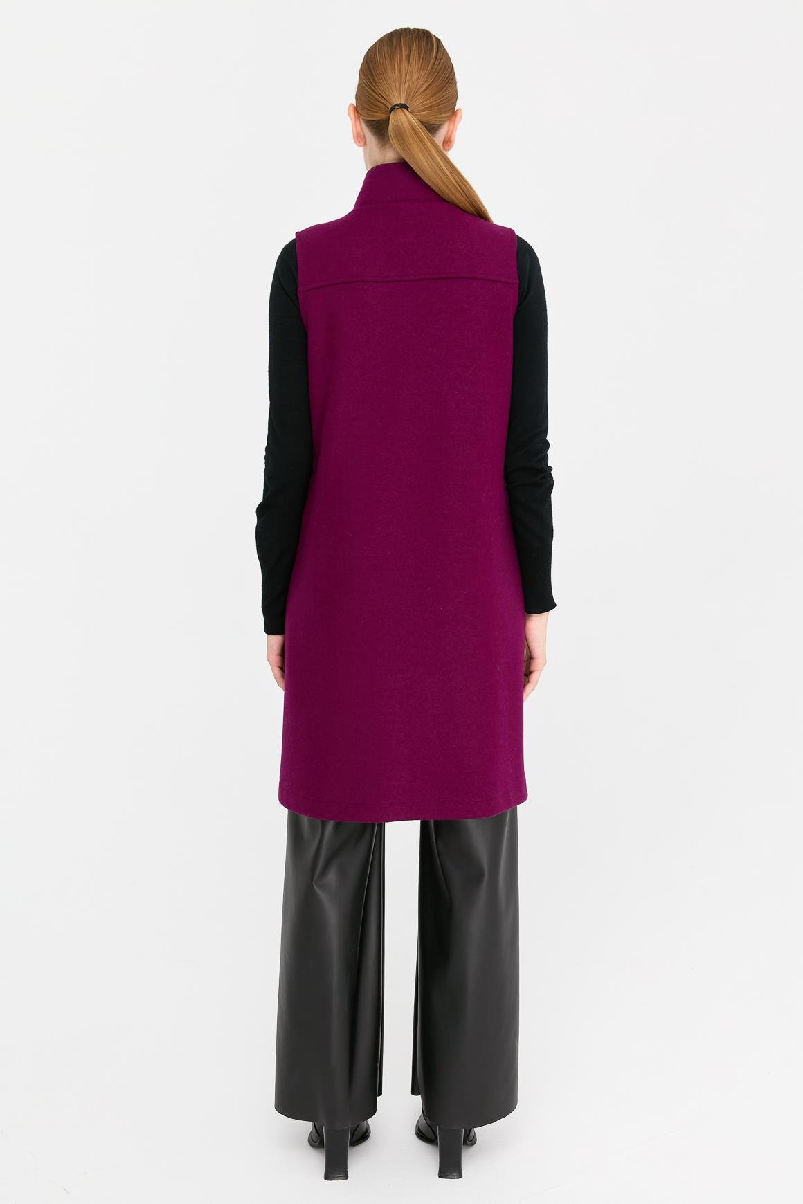 Deri Cep Detaylı Keçe Yelek  Mor