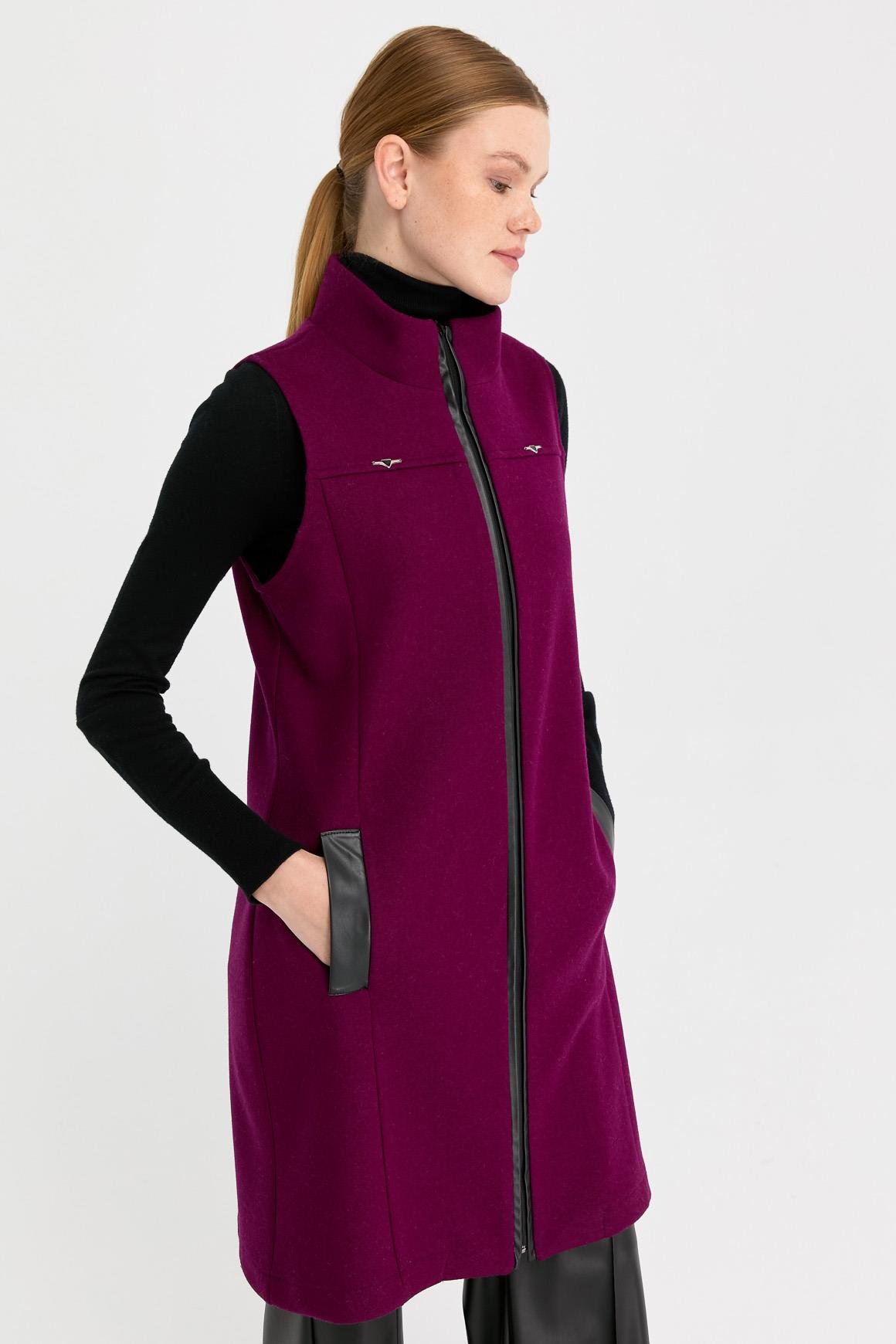 Deri Cep Detaylı Keçe Yelek  Mor