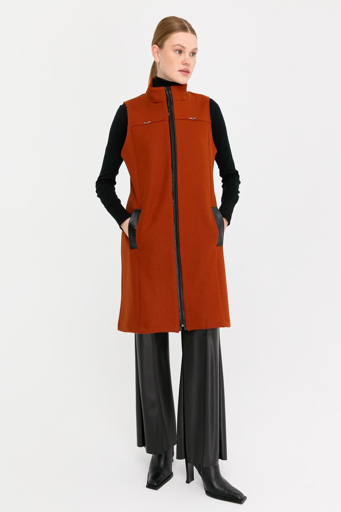 Deri Cep Detaylı Keçe Yelek  Oranj