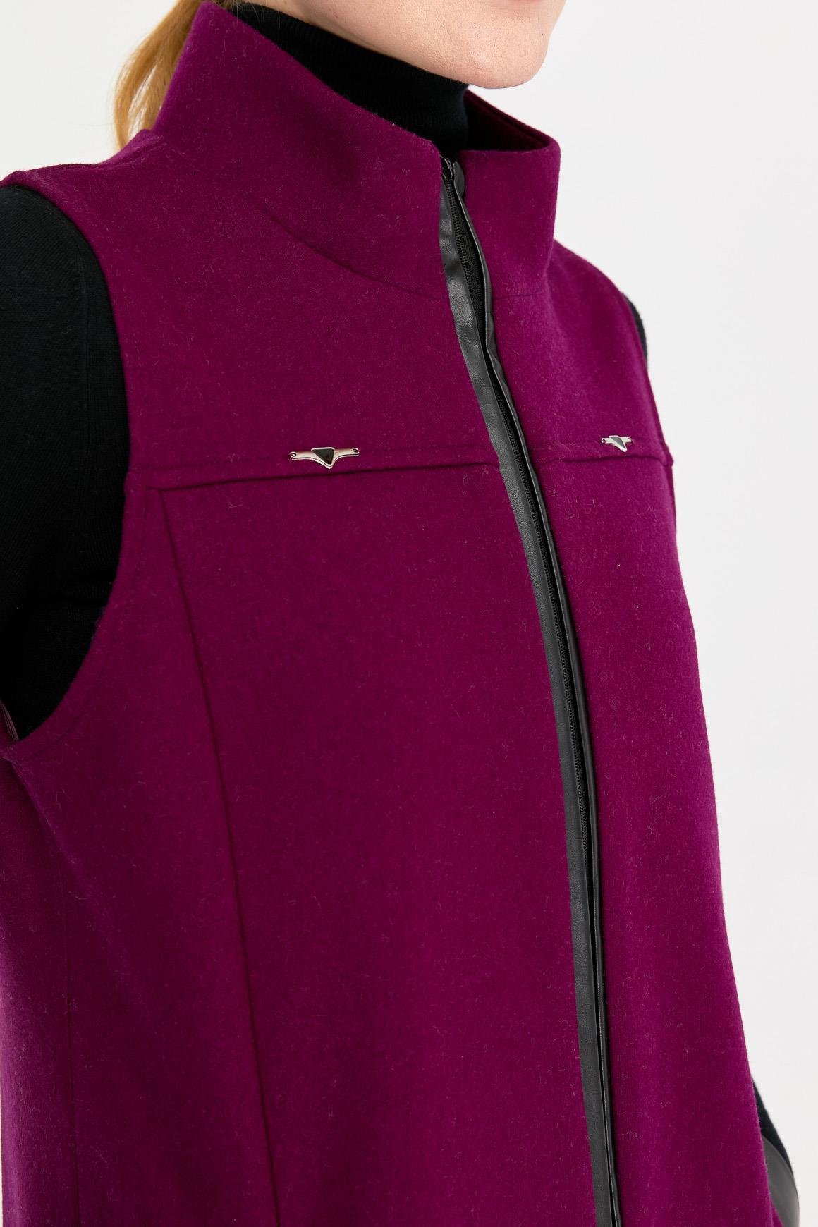 Deri Cep Detaylı Keçe Yelek  Mor