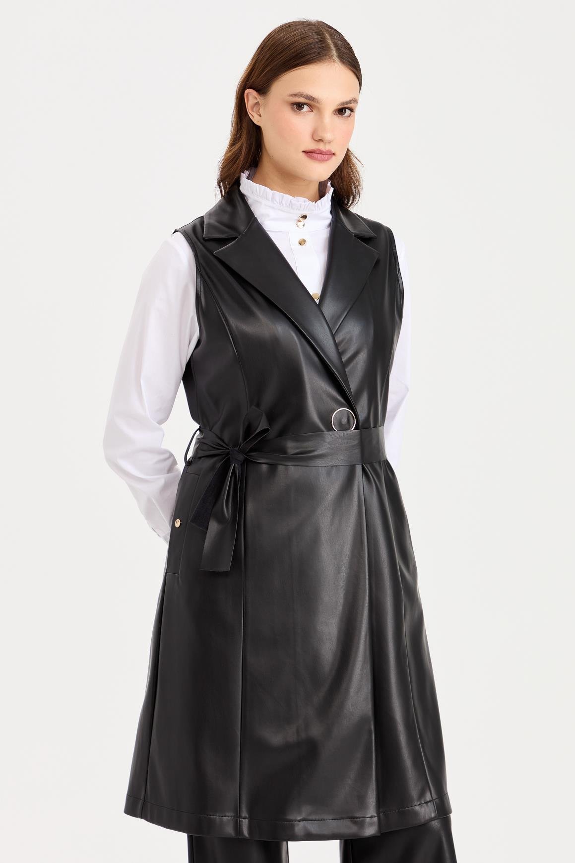 Halka Detaylı İçi Süet Kaplı Deri Yelek  Siyah