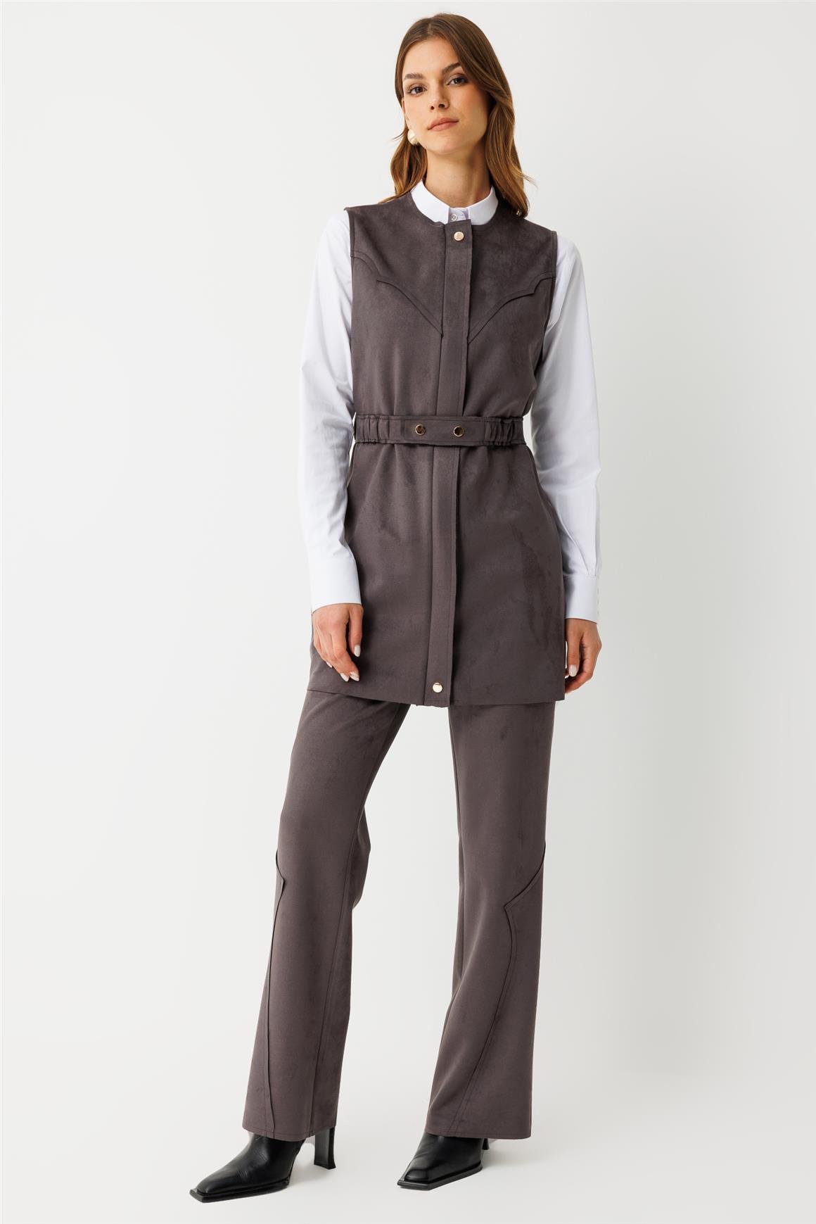 Kemer Detaylı Süet Yelek  Antrasit