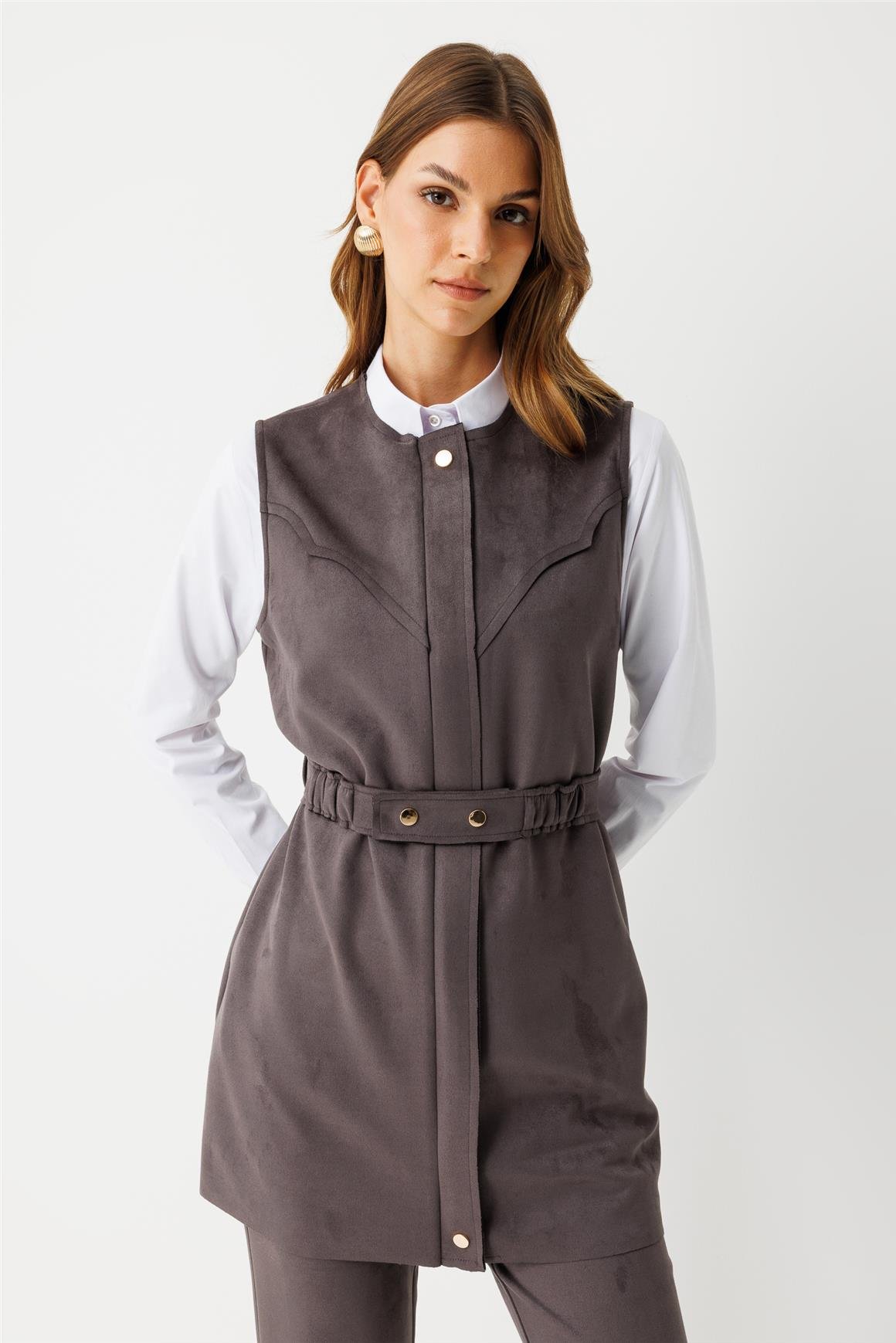 Kemer Detaylı Süet Yelek  Antrasit