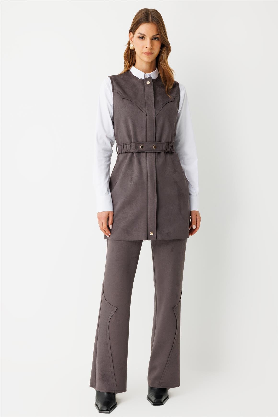 Kemer Detaylı Süet Yelek  Antrasit