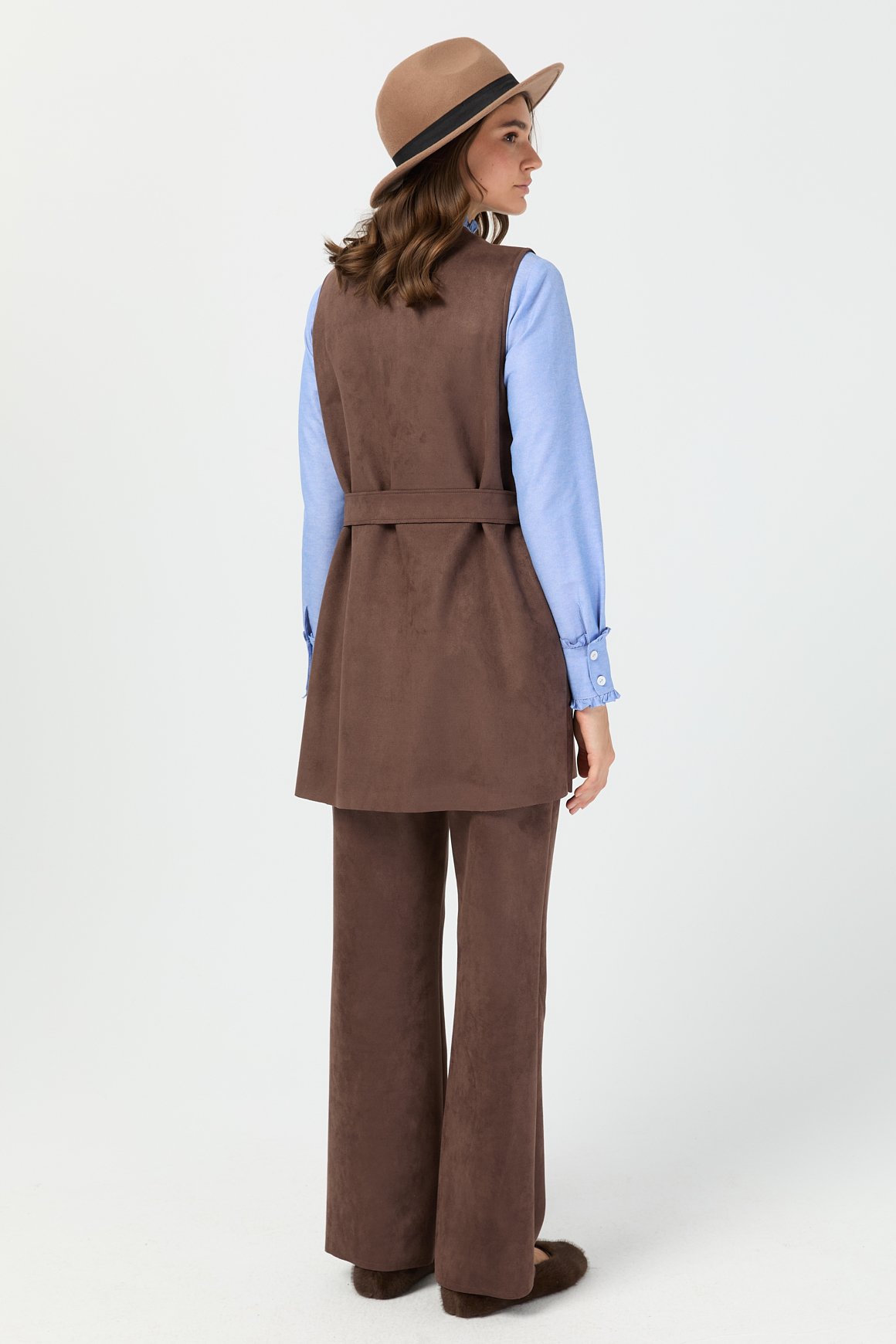 Kemer Detaylı Süet Yelek  Kahve