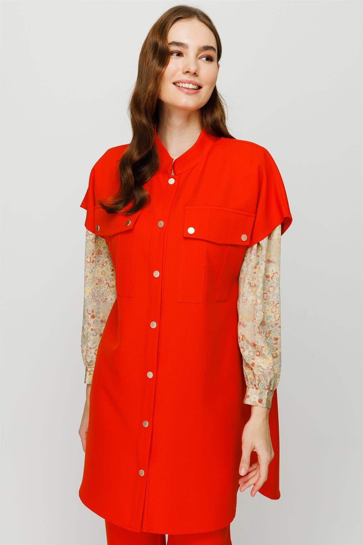 Çıt Çıt Kapamalı Cep Detaylı Yelek Pantolon Takım  Oranj