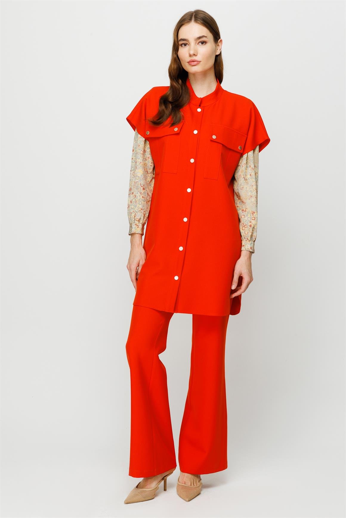 Çıt Çıt Kapamalı Cep Detaylı Yelek Pantolon Takım  Oranj